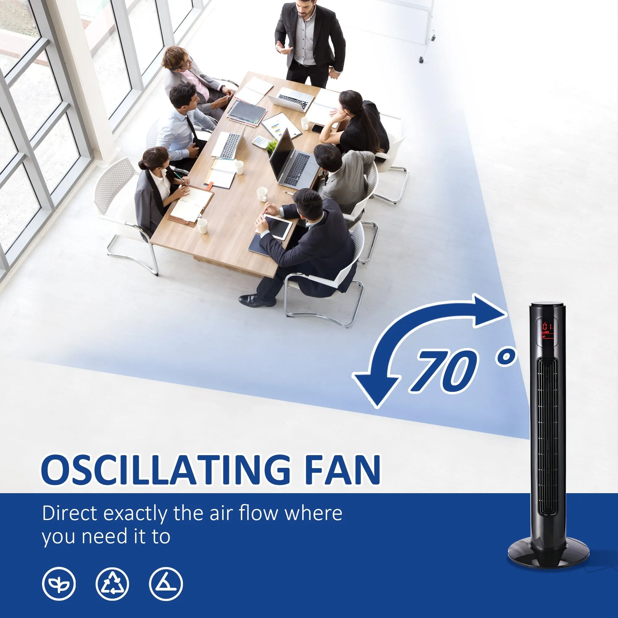 HOMCOM 38'' Freestanding Tower Fan, 3 Speed 3 Mode, 12h Timer, 70 Degree Oscillation, LED Panel, 5M Remote Controller, Black