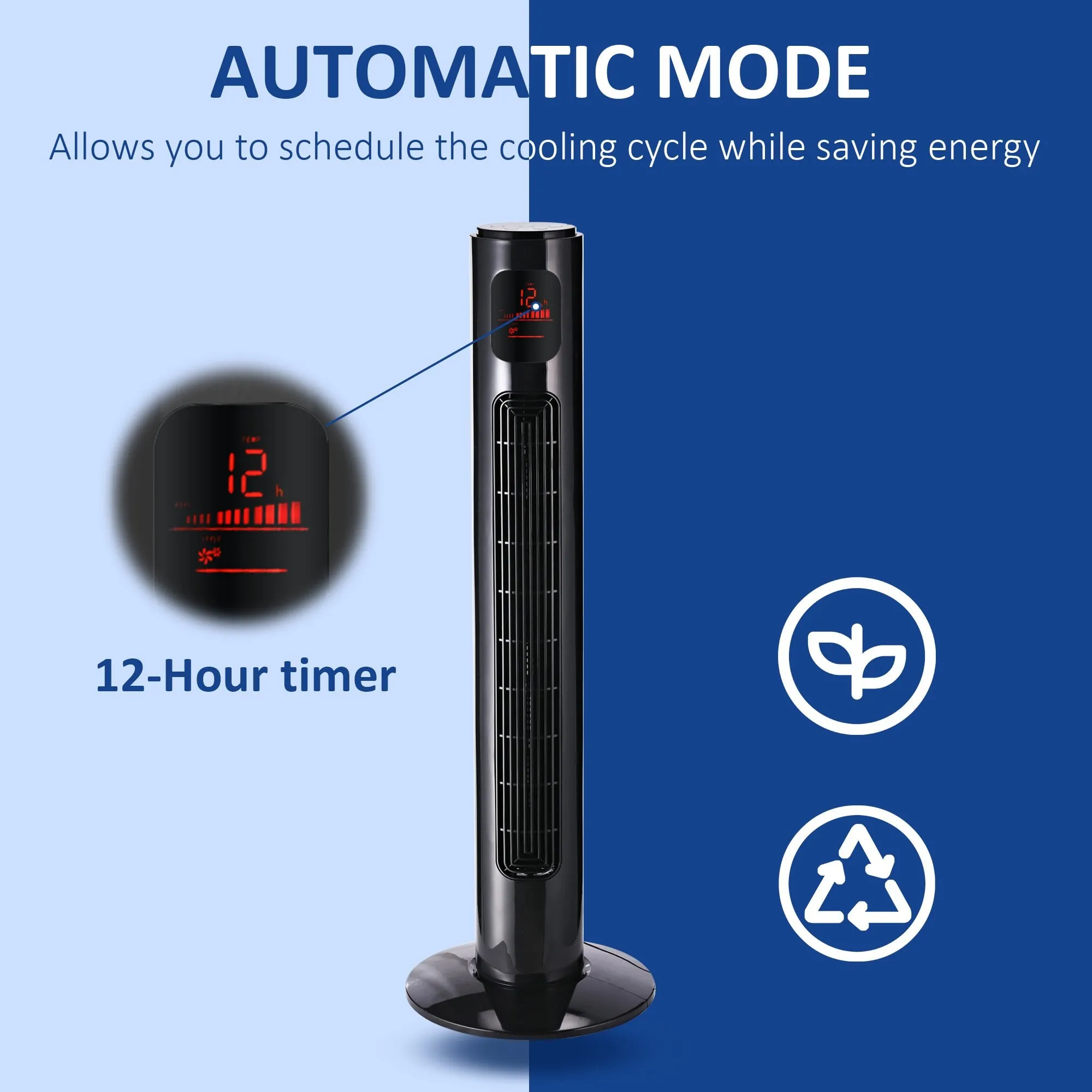 HOMCOM 38'' Freestanding Tower Fan, 3 Speed 3 Mode, 12h Timer, 70 Degree Oscillation, LED Panel, 5M Remote Controller, Black