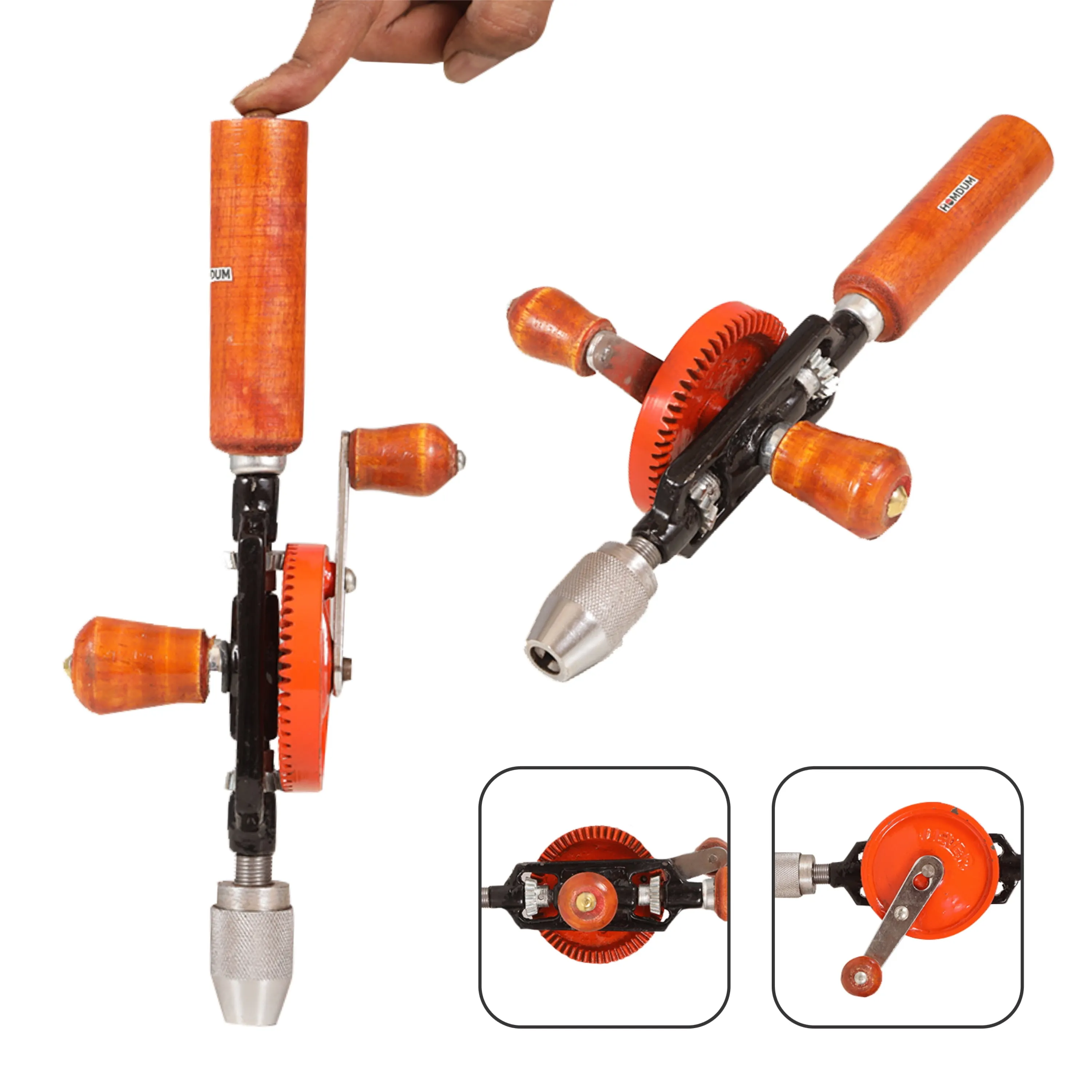 Homdum Mechanical hand drill machine for home use ¼ inch keyless drill chuck with 13 Pcs Hss Drill Bit Set for Wood, Aluminum and Plastic drilling.