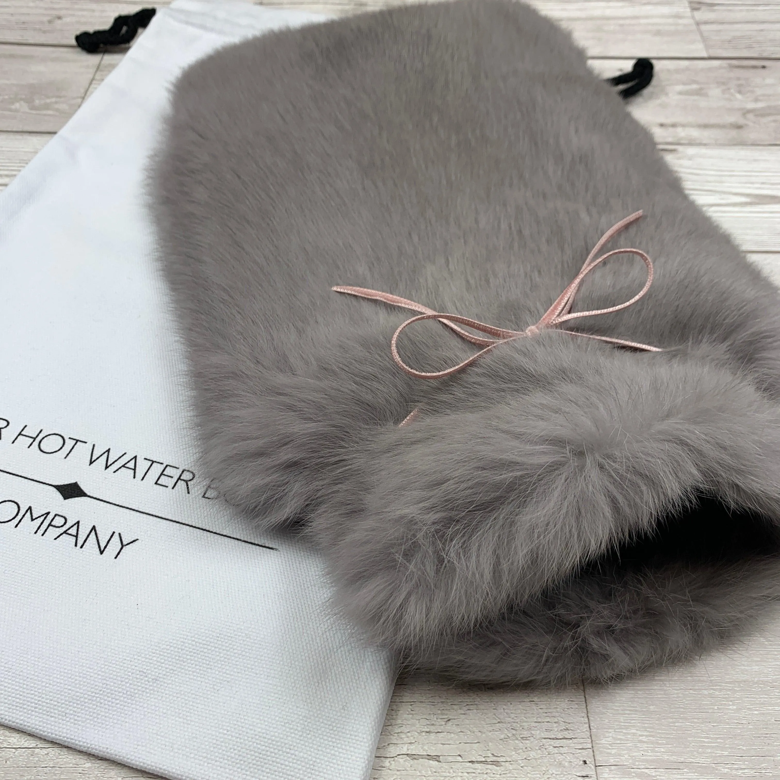 Luxury Grey Rabbit Fur Hot Water Bottle with Pink Ribbon - Large