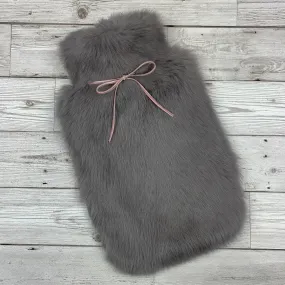 Luxury Grey Rabbit Fur Hot Water Bottle with Pink Ribbon - Large