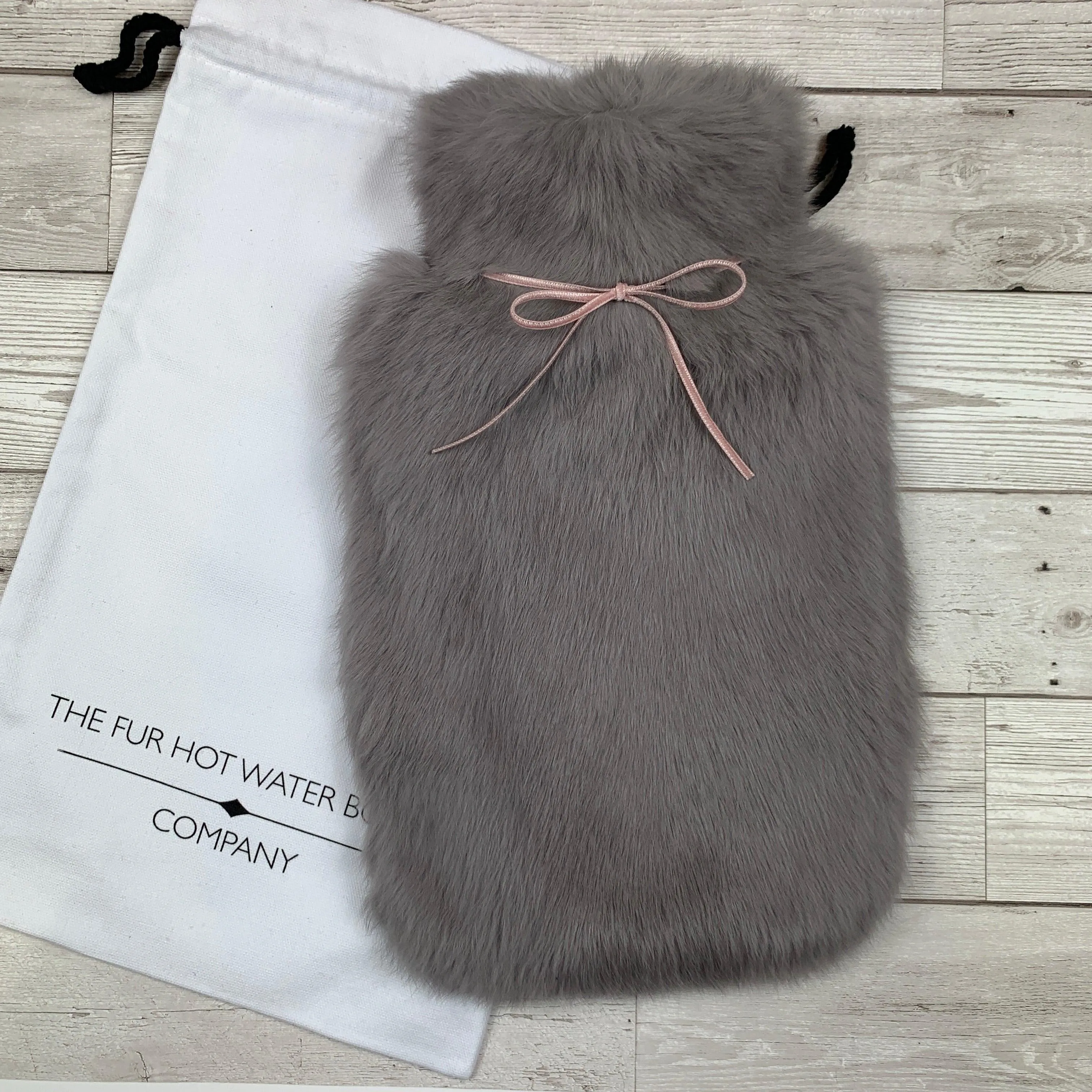 Luxury Grey Rabbit Fur Hot Water Bottle with Pink Ribbon - Large