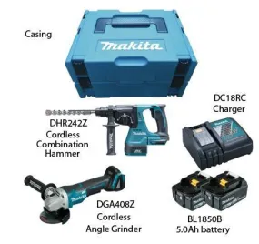 Makita 18V Combo Kit with Hammer Drill (DHR242Z)   4" Angle Grinder (DGA408) | Model : M-DLX2217TJ