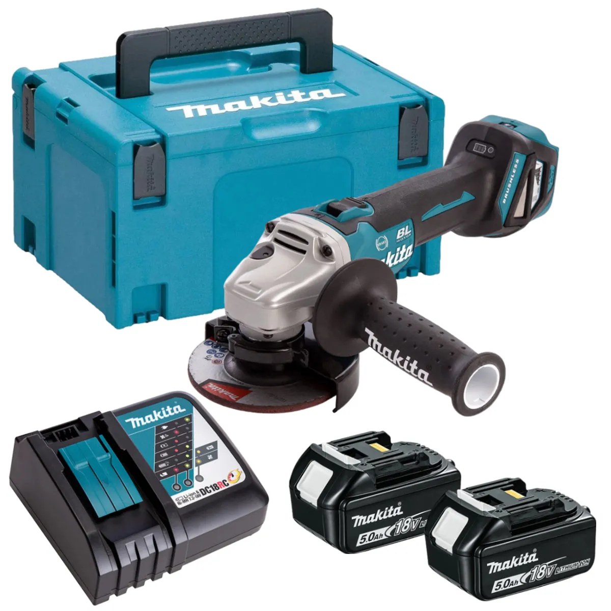 Makita DGA463Z 18V Brushless 115mm Angle Grinder with 2 x 5.0Ah Batteries & Charger in Case