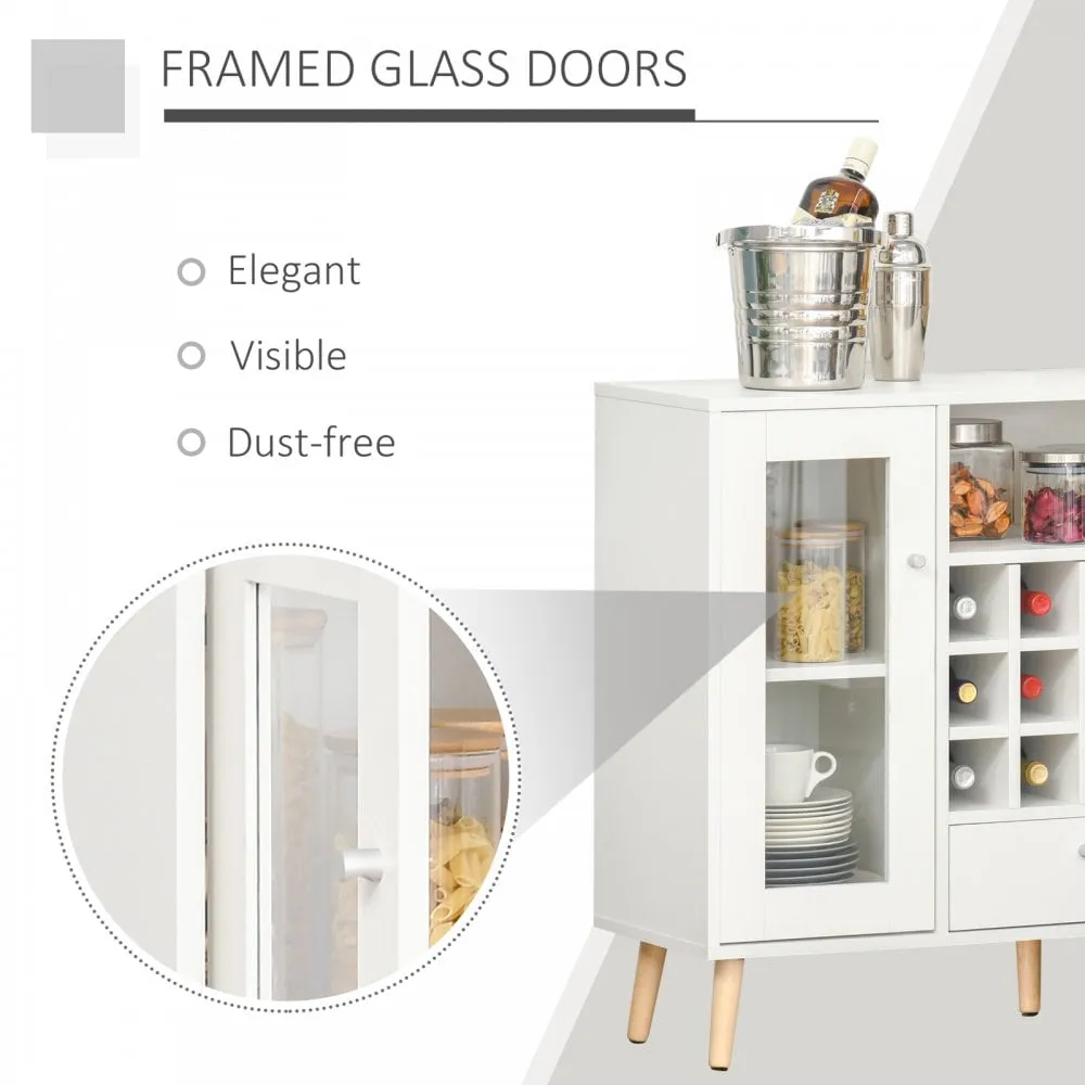 Modern Sideboard Storage Cabinet Kitchen Cupboard with Glass Doors, Drawer & 12-Bottle Wine Rack - White