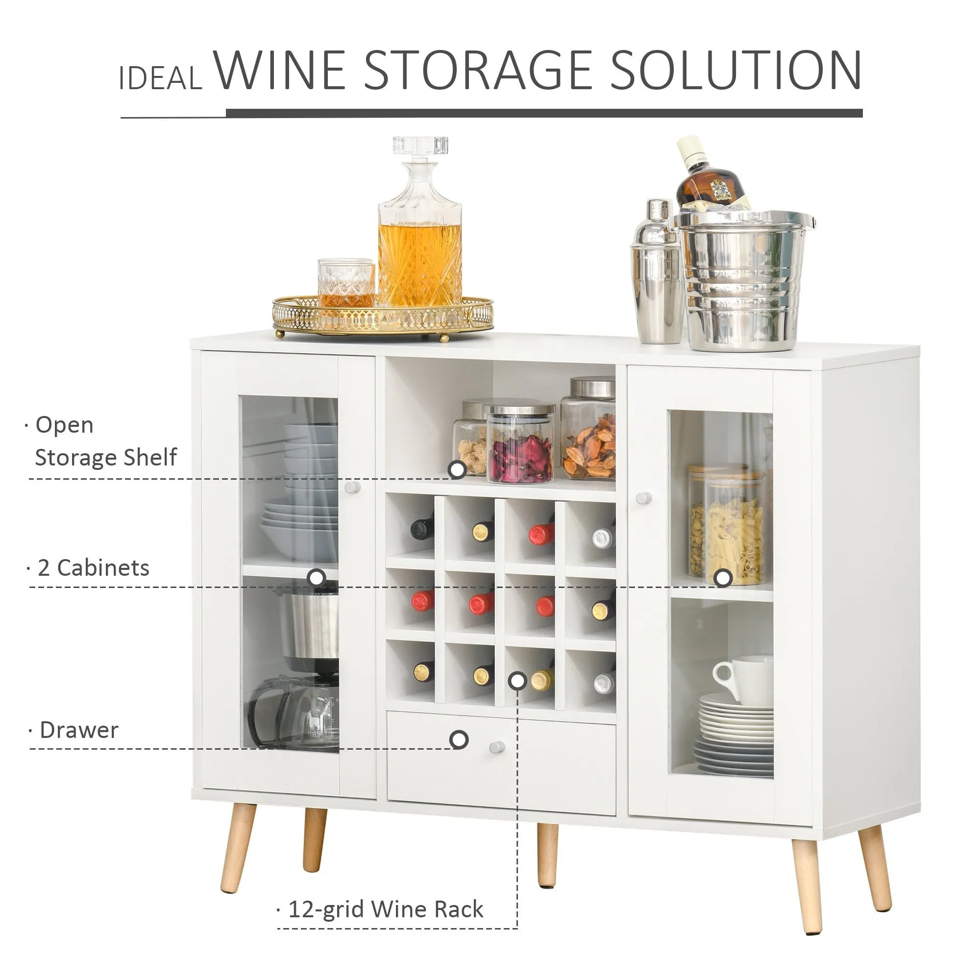 Modern Sideboard Storage Cabinet Kitchen Cupboard with Glass Doors, Drawer & 12-Bottle Wine Rack - White