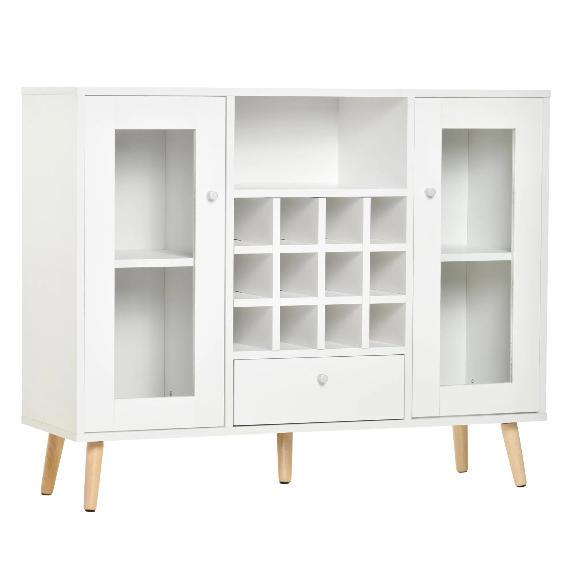 Modern Sideboard Storage Cabinet Kitchen Cupboard with Glass Doors, Drawer & 12-Bottle Wine Rack - White