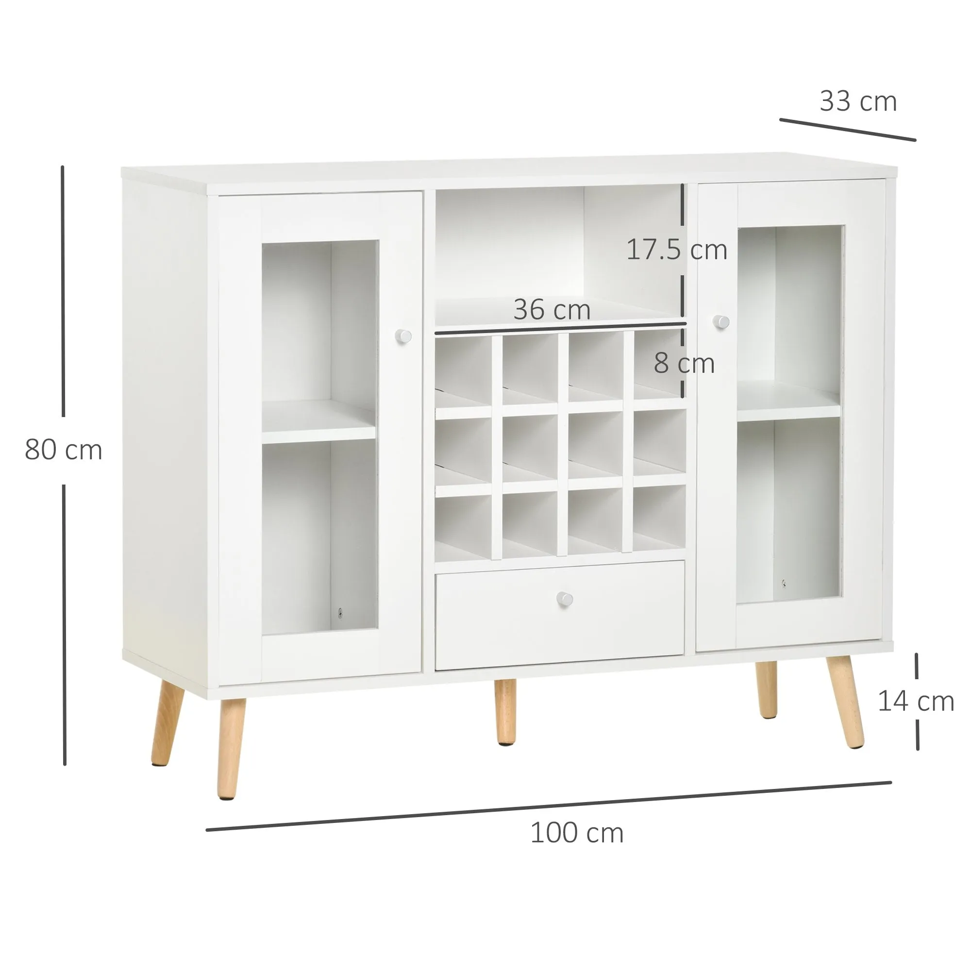 Modern Sideboard Storage Cabinet Kitchen Cupboard with Glass Doors, Drawer & 12-Bottle Wine Rack - White