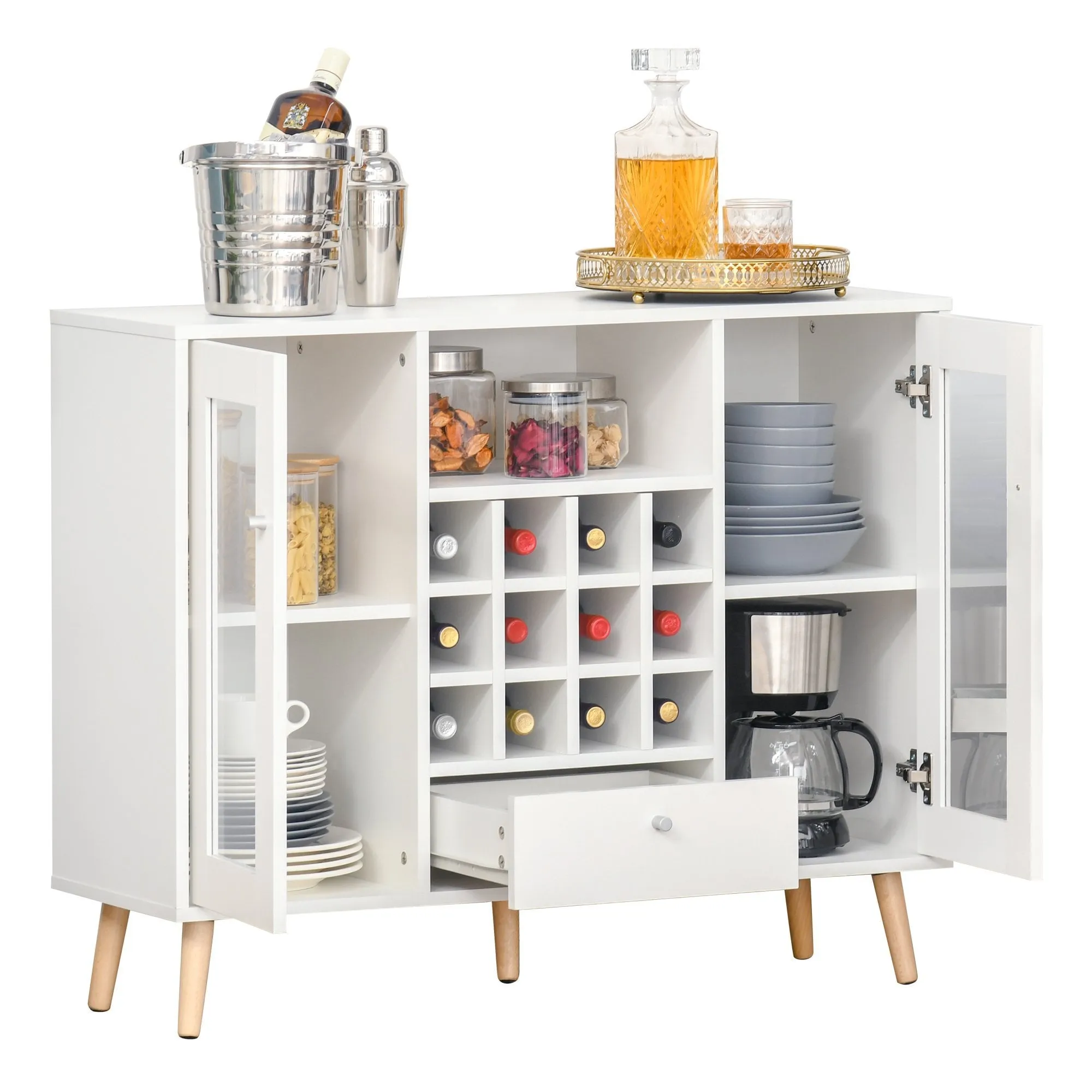 Modern Sideboard Storage Cabinet Kitchen Cupboard with Glass Doors, Drawer & 12-Bottle Wine Rack - White