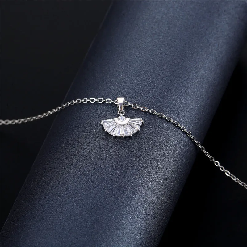 Natural Fan-Shape Geometric Titanium Steel Diamond Inlay Necklaces