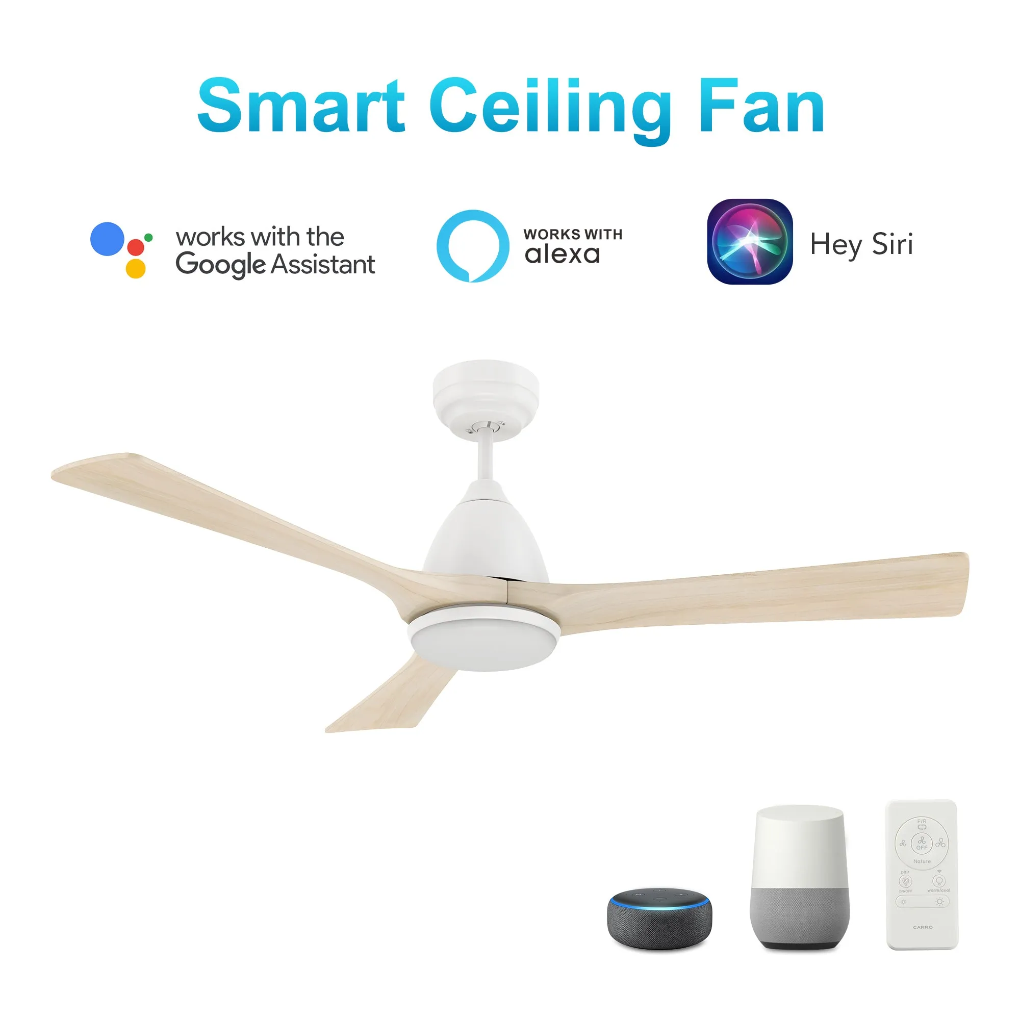 NICOLET 52 inch 3-Blade Smart Ceiling Fan with LED Light Kit & Remote- White/Whitewashed Walnut