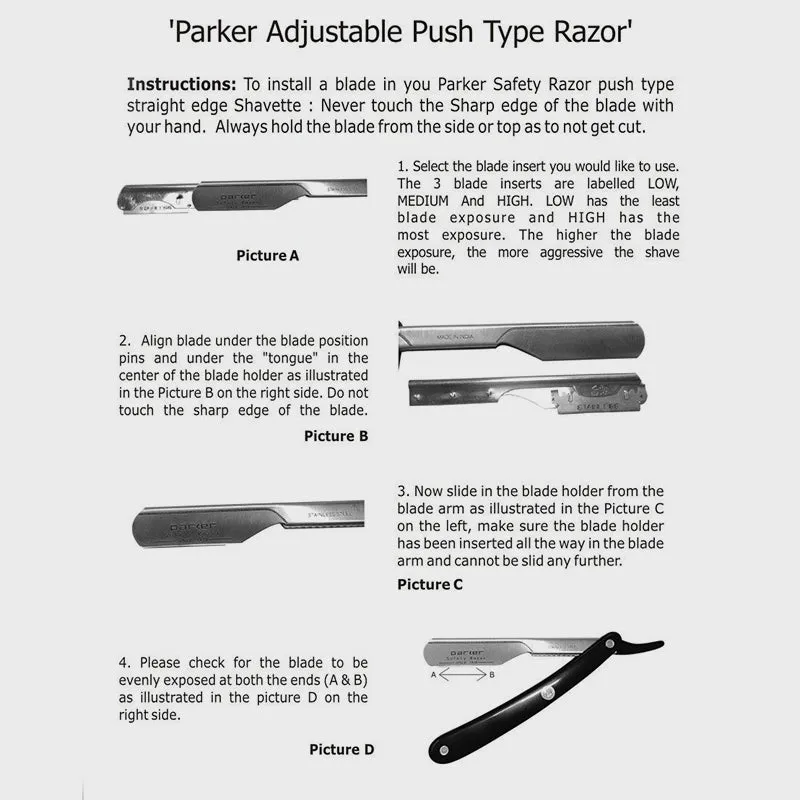 Parker - PTAWH Professional Barber Razor, Push Type, Adjustable, White/Black