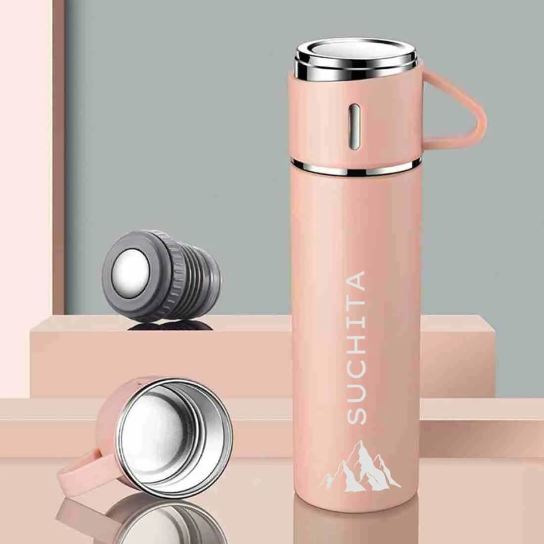 Personalised Tea Flask Thermos With 2 Cups Set - Mountain