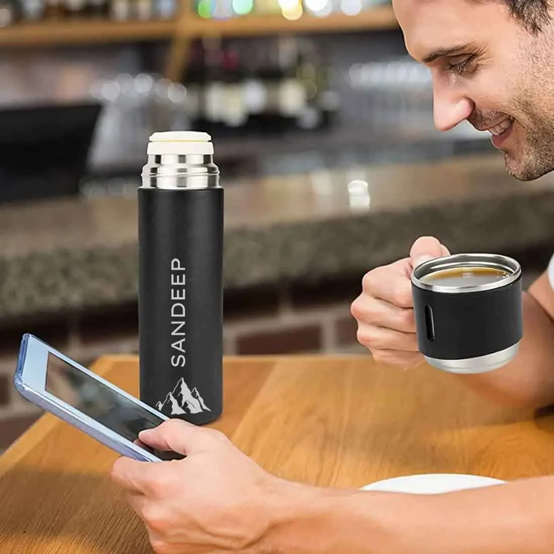 Personalised Tea Flask Thermos With 2 Cups Set - Mountain