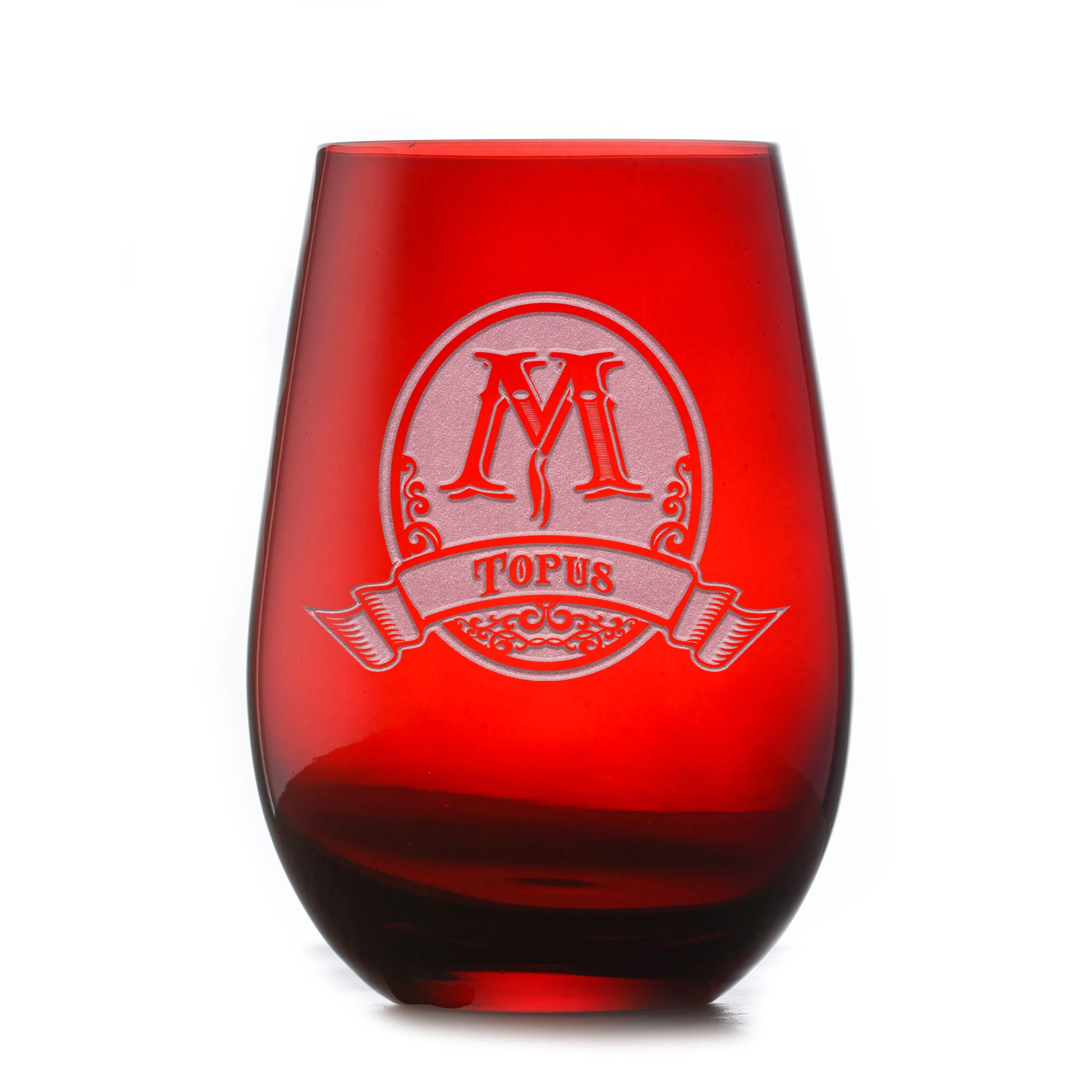 Personalized Red Stemless Wine Glass Tumbler by Crystal Imagery