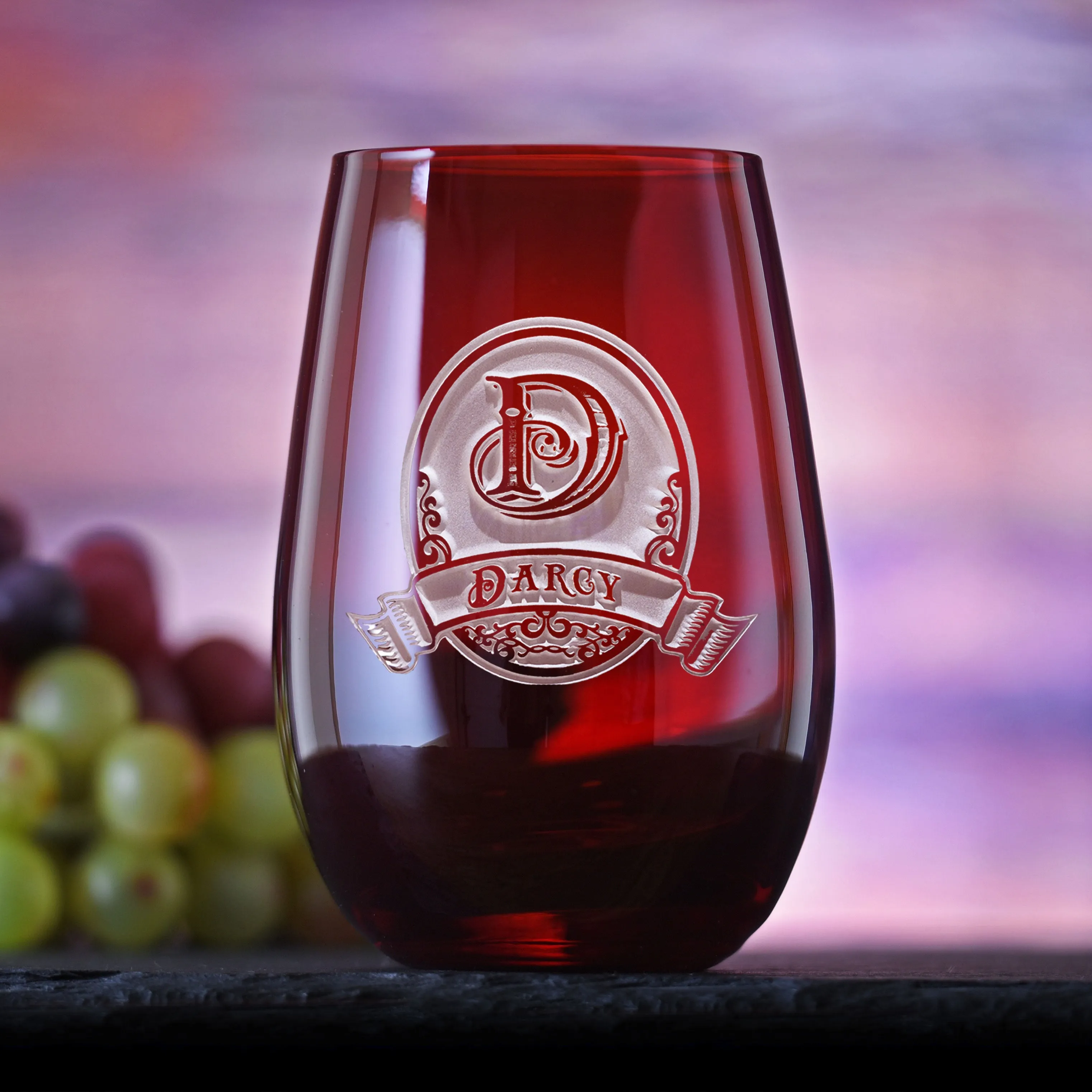 Personalized Red Stemless Wine Glass Tumbler by Crystal Imagery