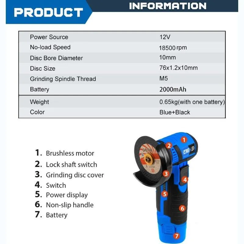 PROSTORMER- 12V Mini Brushless Angle Grinder Cordless| AU/US/EU/UK Plug Optional