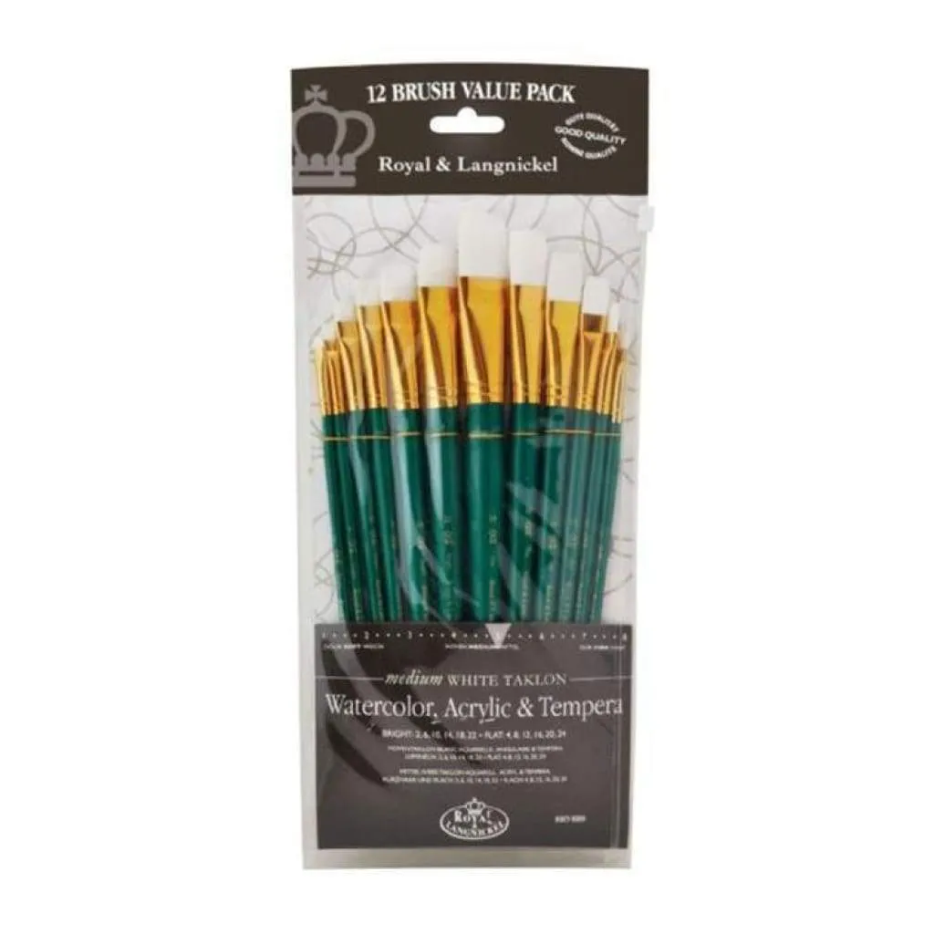 Royal Brush - White Taklon Flat Value Pack Brush Set 12 pack*