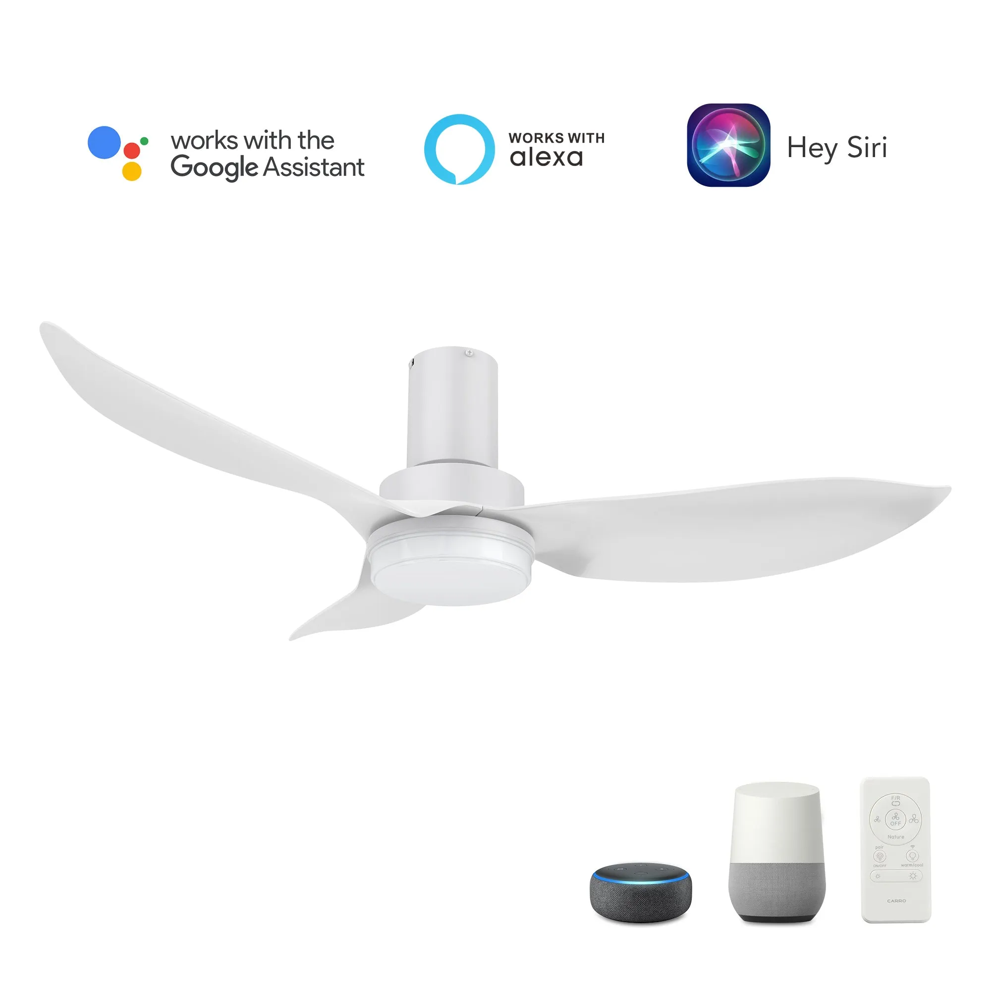 RYNA 45 inch 3-Blade Flush Mount Smart Ceiling Fan with LED Light Kit & Remote- White/White