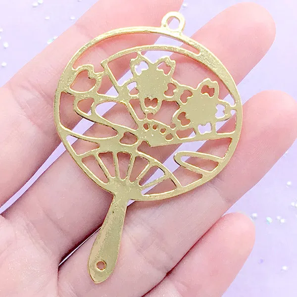 Sakura Hand Fan Open Bezel Charm | Cherry Blossom Japanese Fan Deco Frame for UV Resin Filling (1 piece / Gold / 40mm x 60mm)