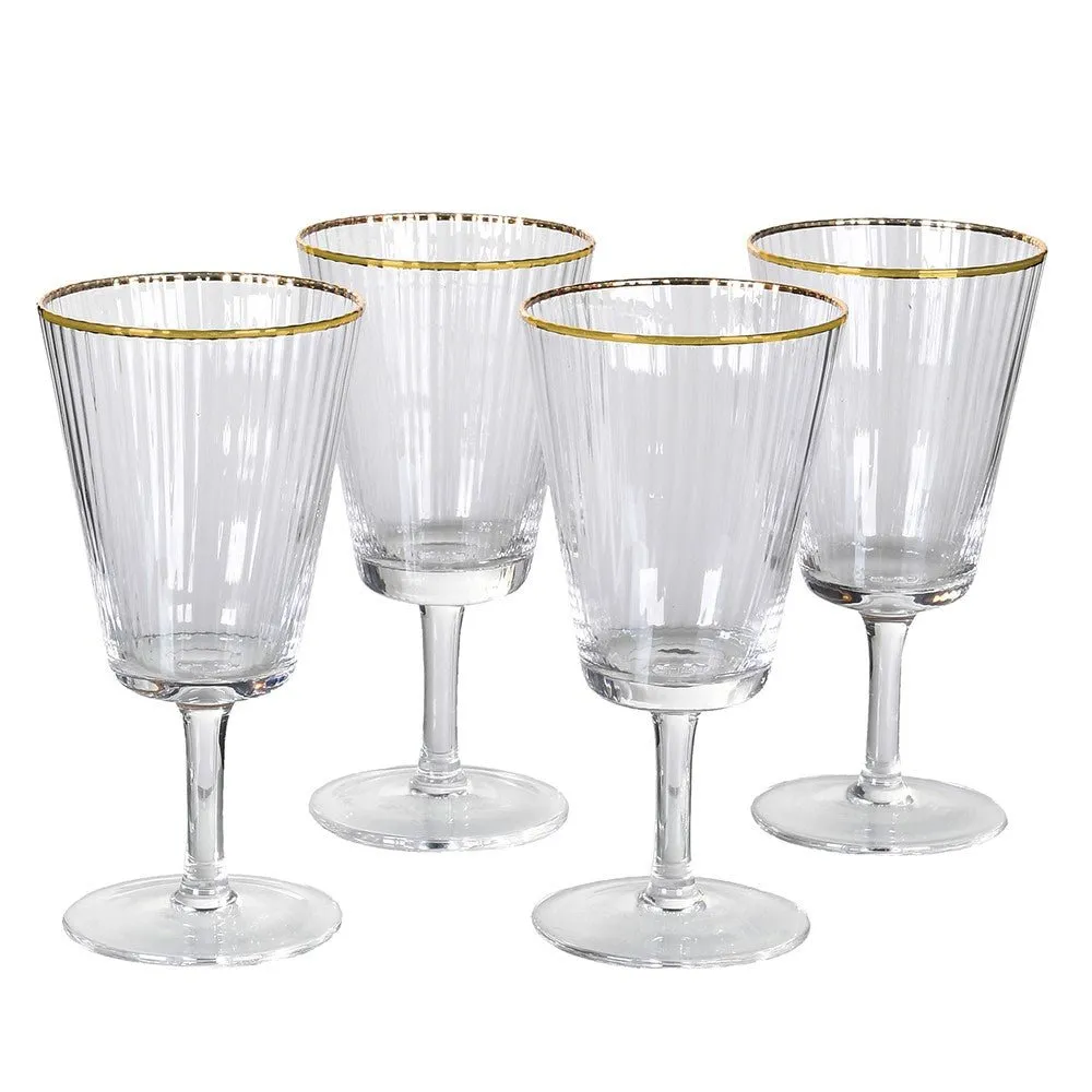 Set of 4 Gold Rim Ribbed White Wine Glasses