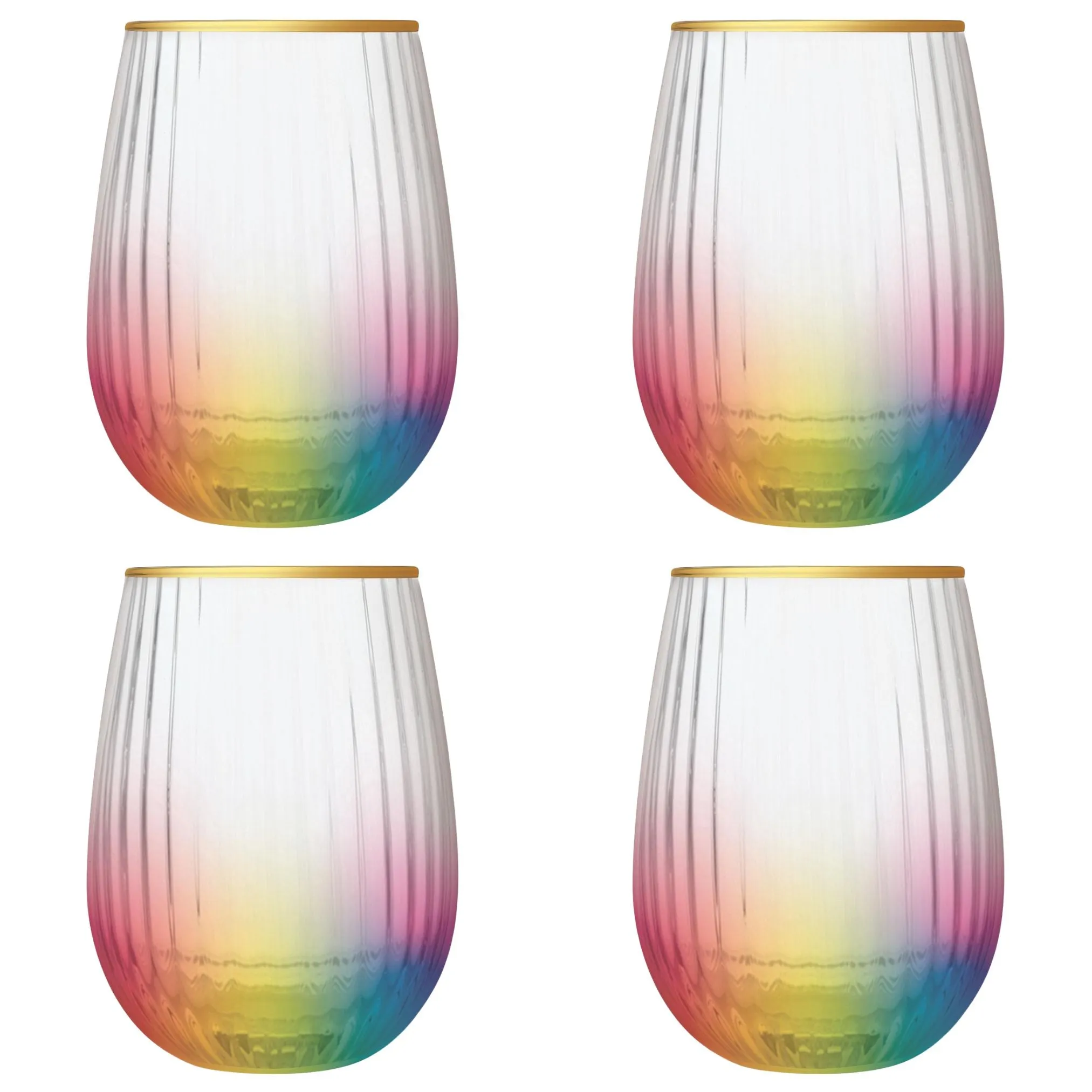 Set of 4 Rainbow Beveled Stemless Wine Glass | 19 oz.