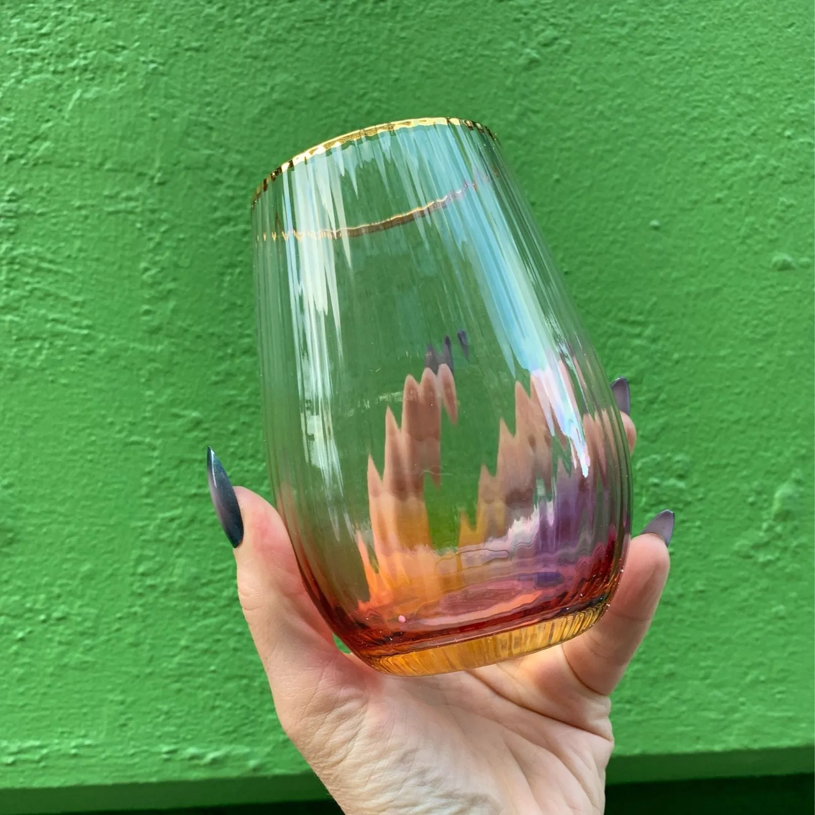 Set of 4 Rainbow Beveled Stemless Wine Glass | 19 oz.