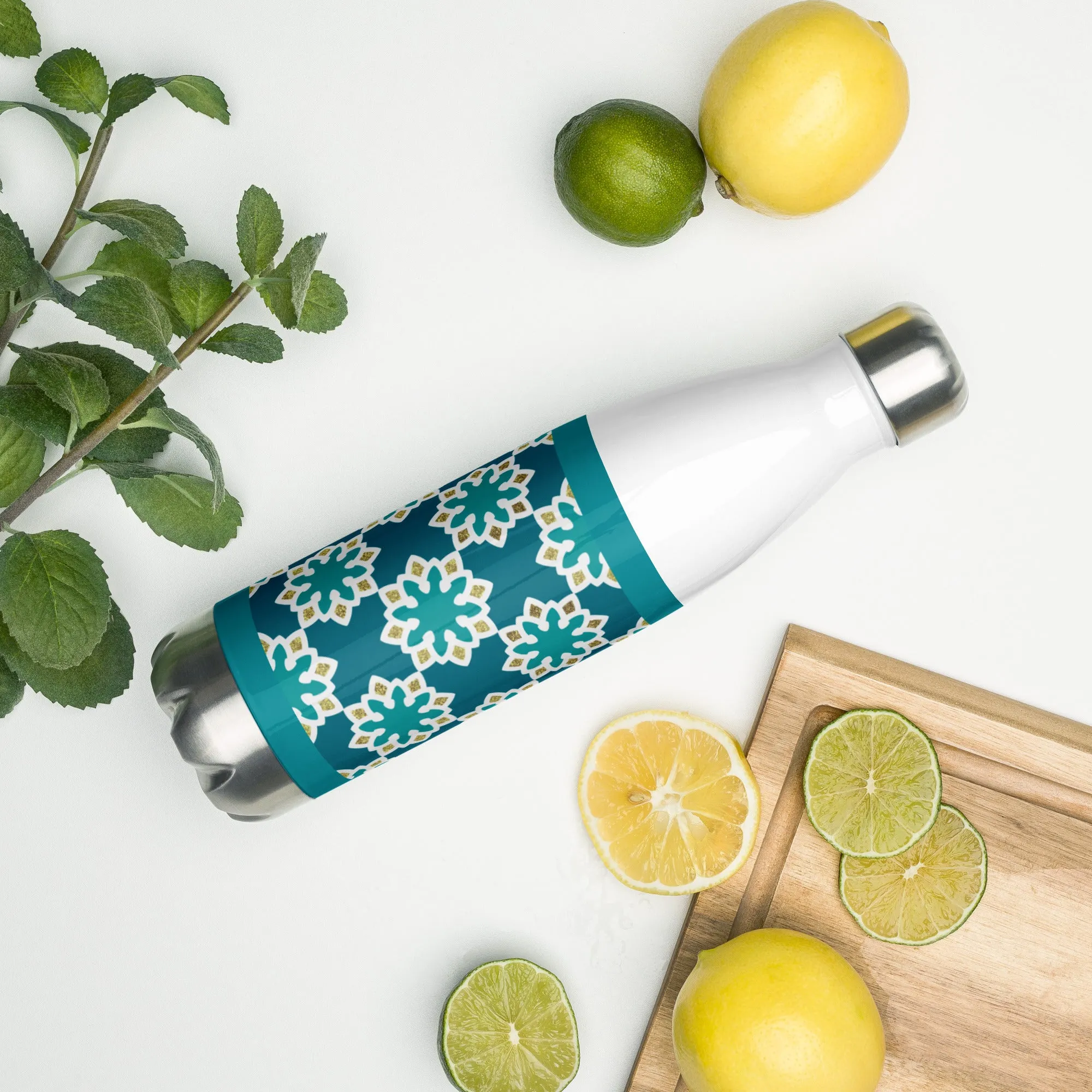 Stainless Steel Water Bottle - Arabesque Flower in Aqua and Gold