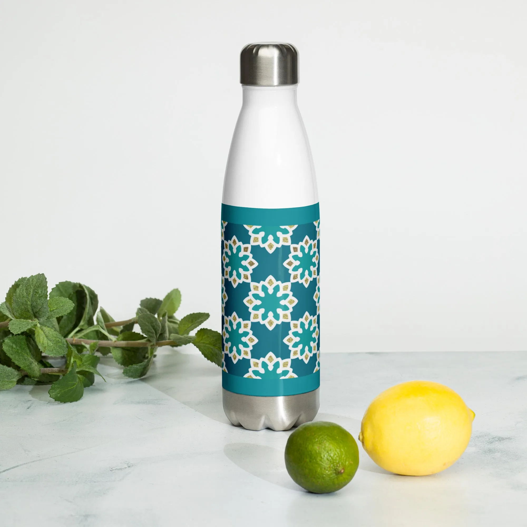 Stainless Steel Water Bottle - Arabesque Flower in Aqua and Gold