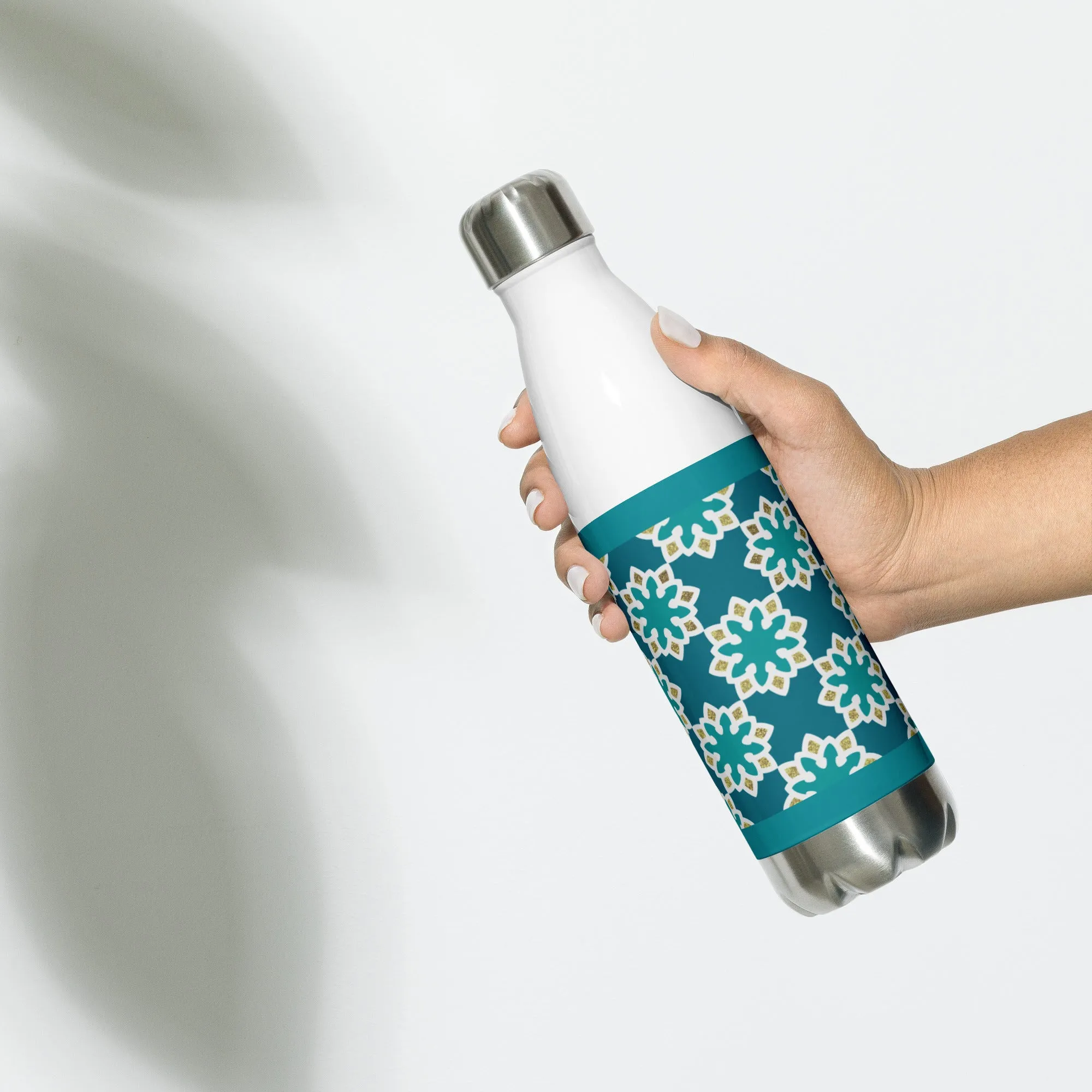 Stainless Steel Water Bottle - Arabesque Flower in Aqua and Gold