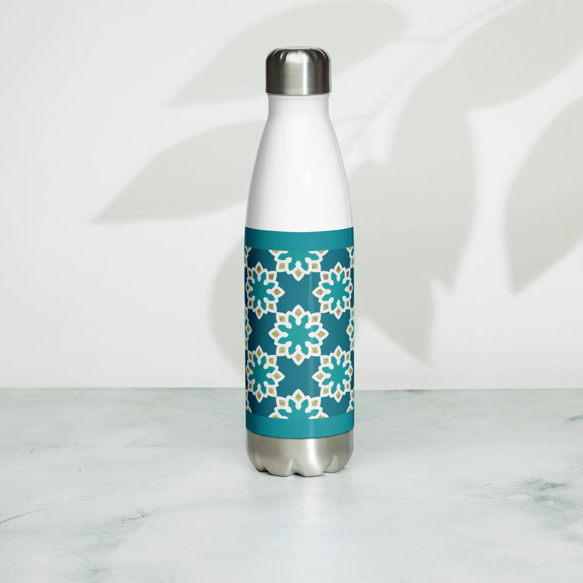 Stainless Steel Water Bottle - Arabesque Flower in Aqua and Gold