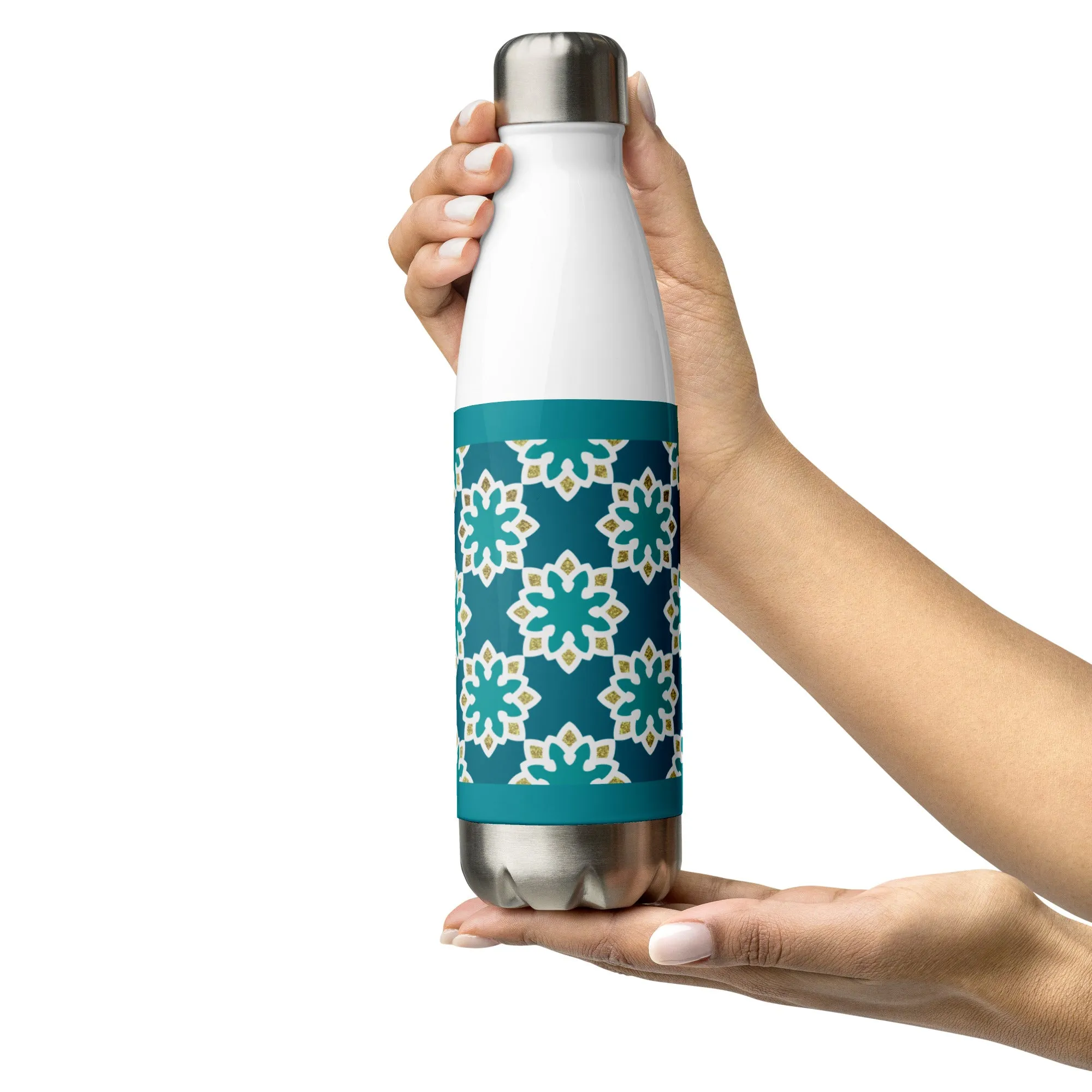 Stainless Steel Water Bottle - Arabesque Flower in Aqua and Gold