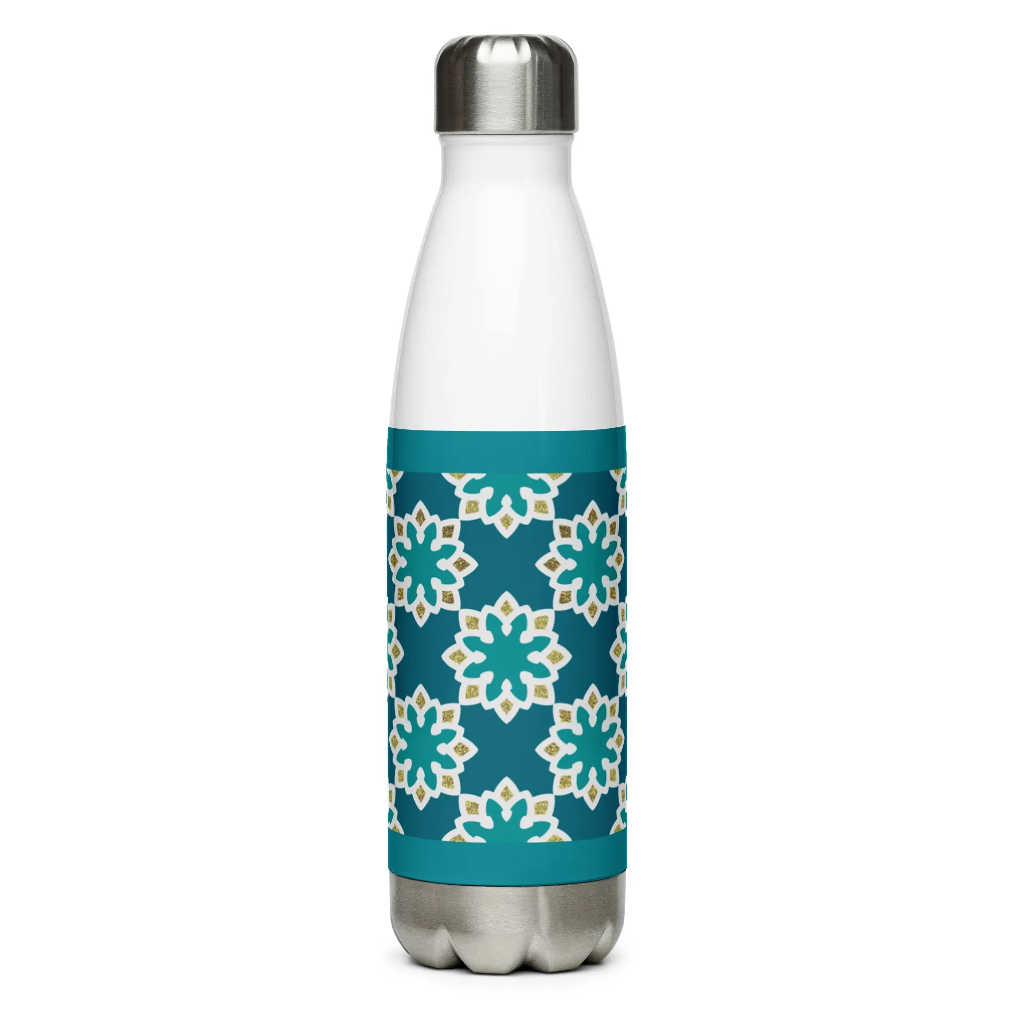 Stainless Steel Water Bottle - Arabesque Flower in Aqua and Gold