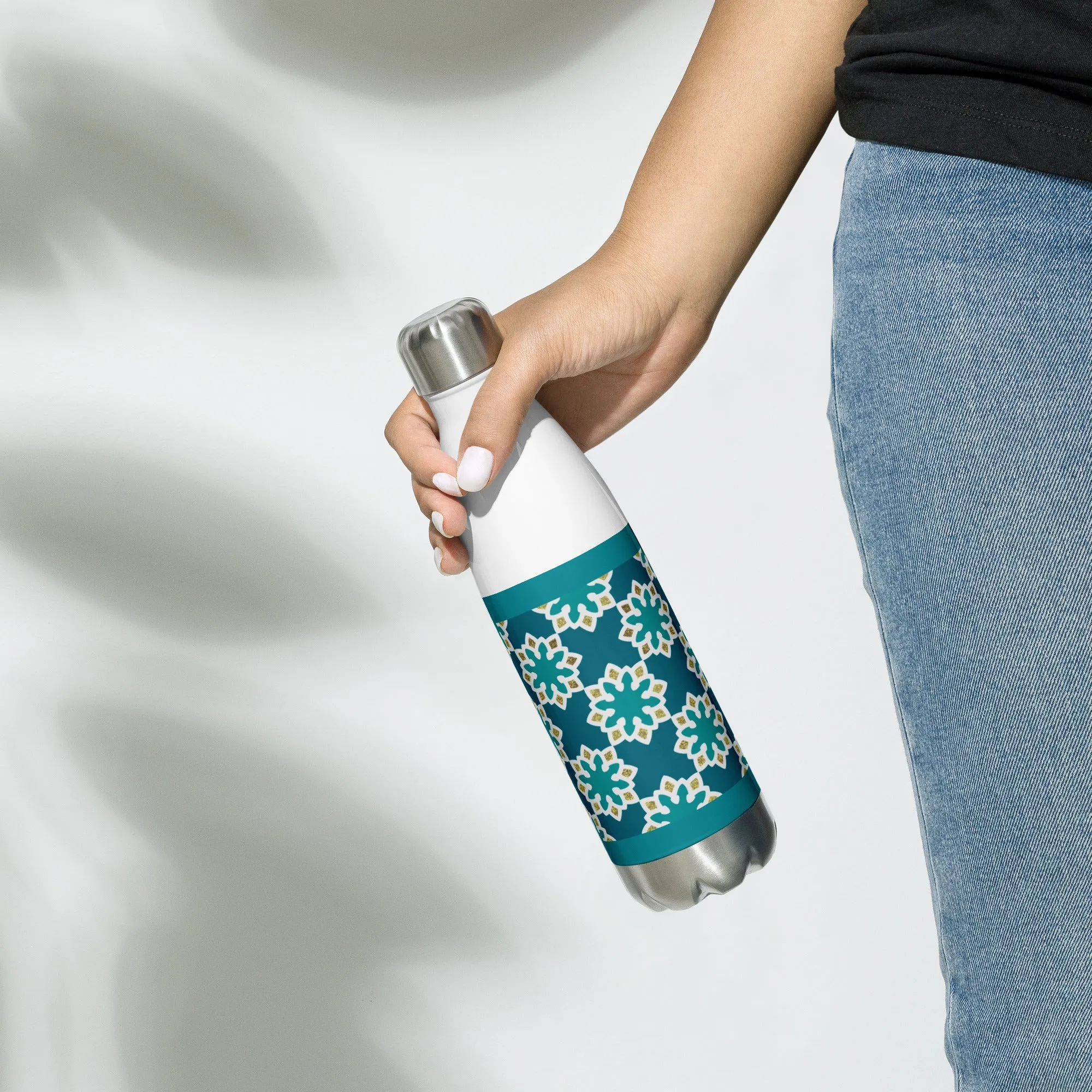 Stainless Steel Water Bottle - Arabesque Flower in Aqua and Gold