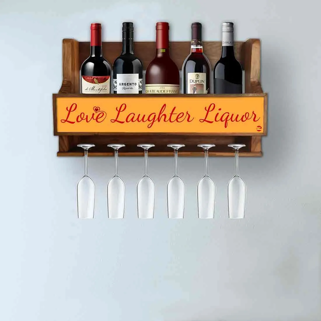 Standing Wine Rack Wall Mounted Mini Bar for 5 Bottles 6 Glasses - Love