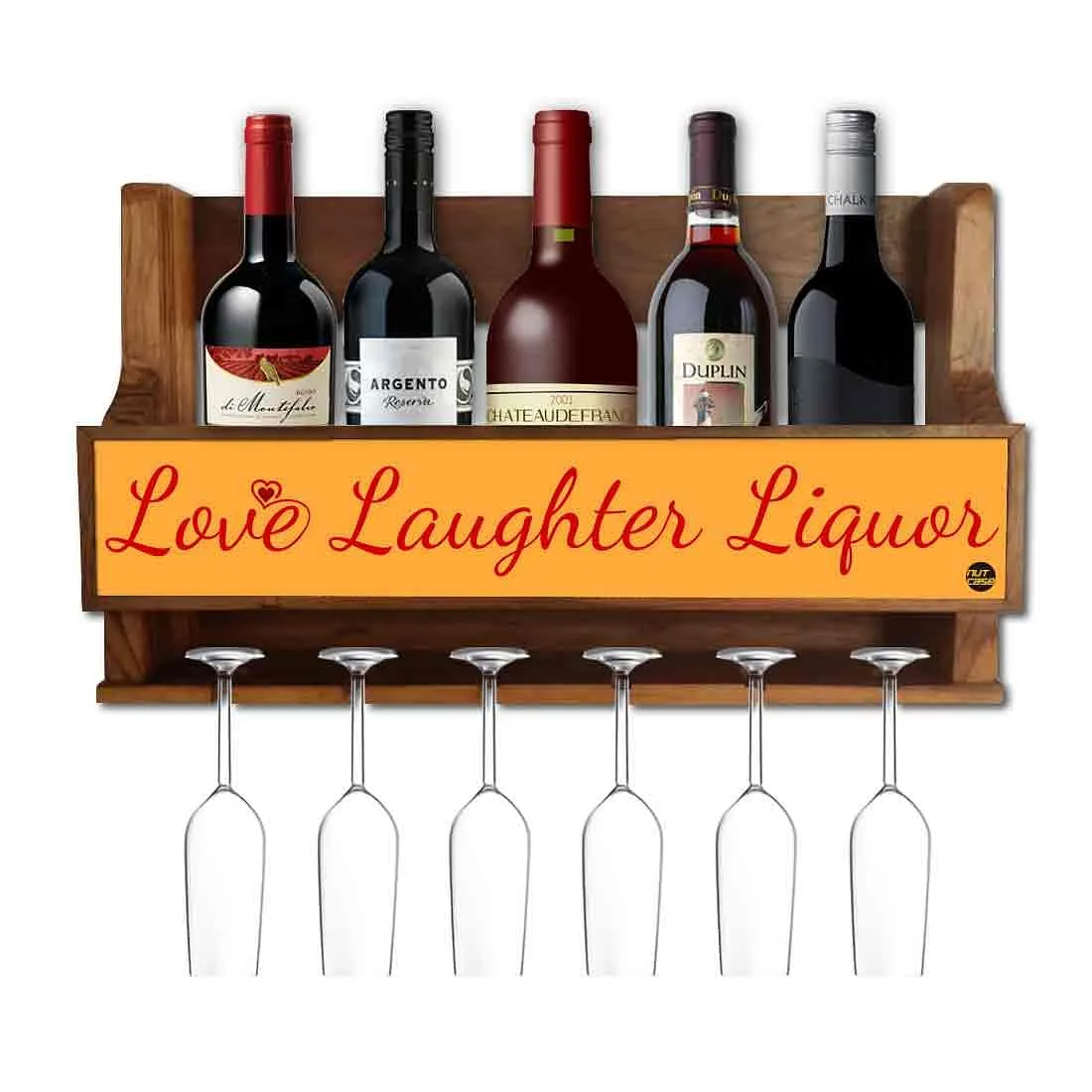 Standing Wine Rack Wall Mounted Mini Bar for 5 Bottles 6 Glasses - Love