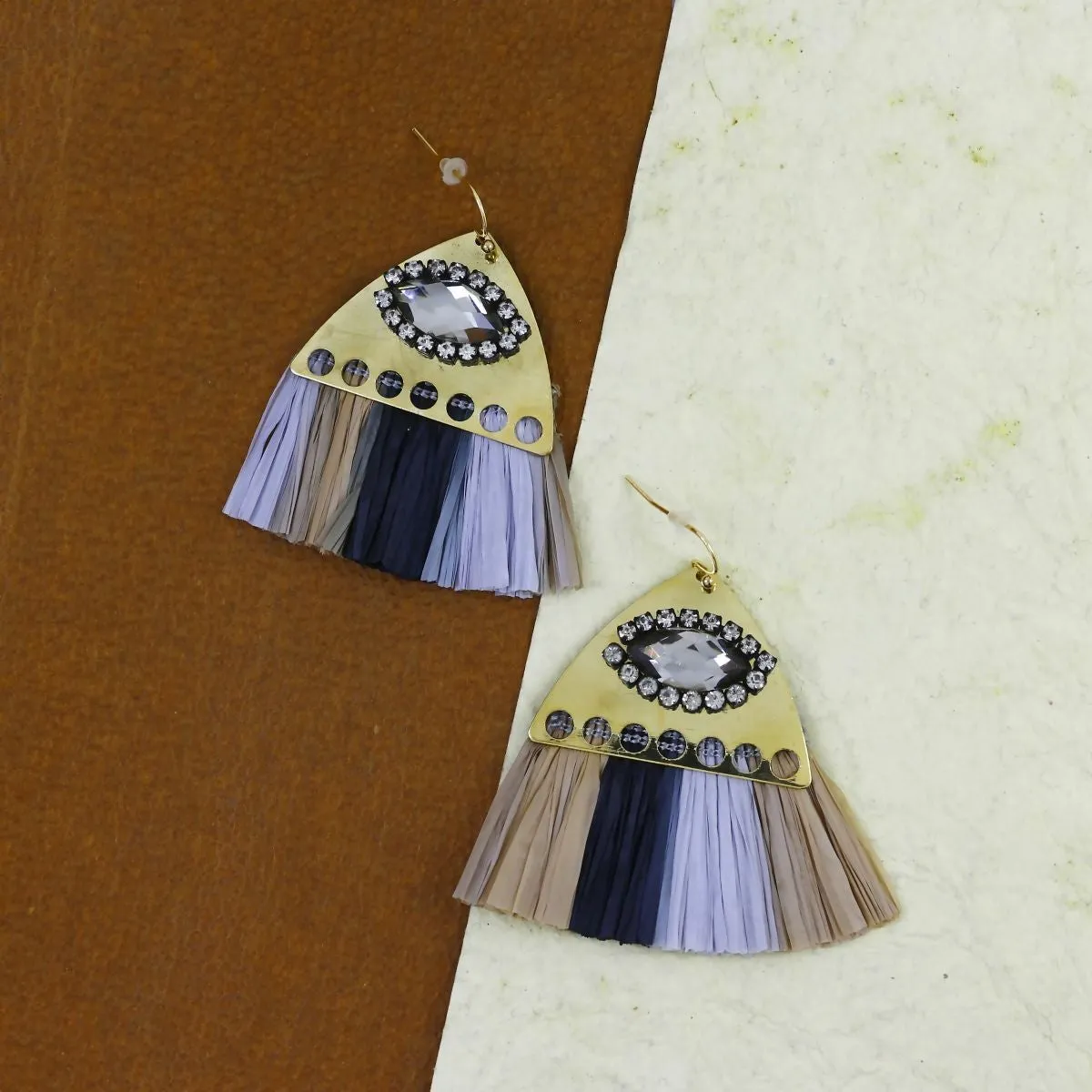 Studded Fan Tassel Bohemian Gypsy Black Blue Grey Statement Earrings