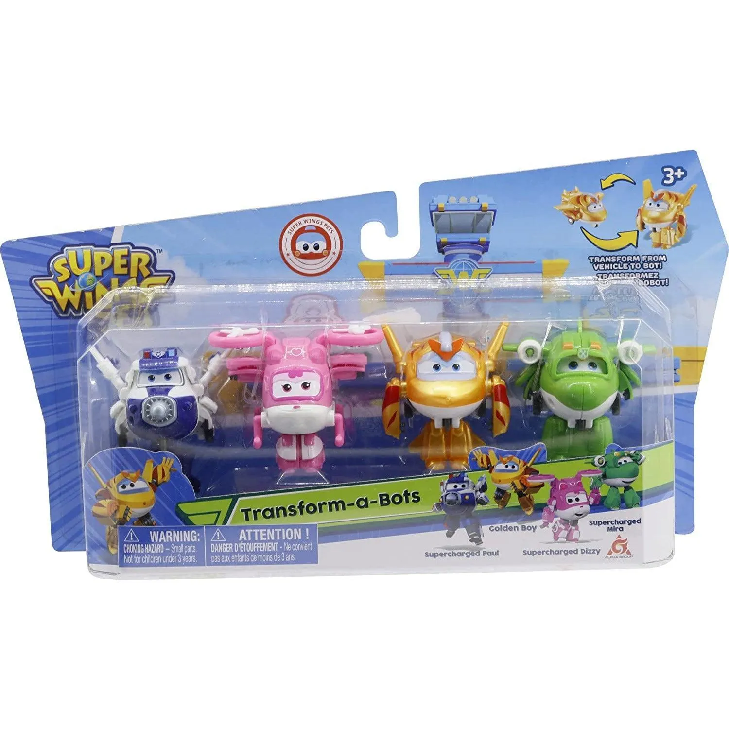 Super Wings 2" Transform-a-Bot 4-Pack, Supercharged Paul, Dizzy, Golden Boy, Mira, Airplane Toys Mini  Figures