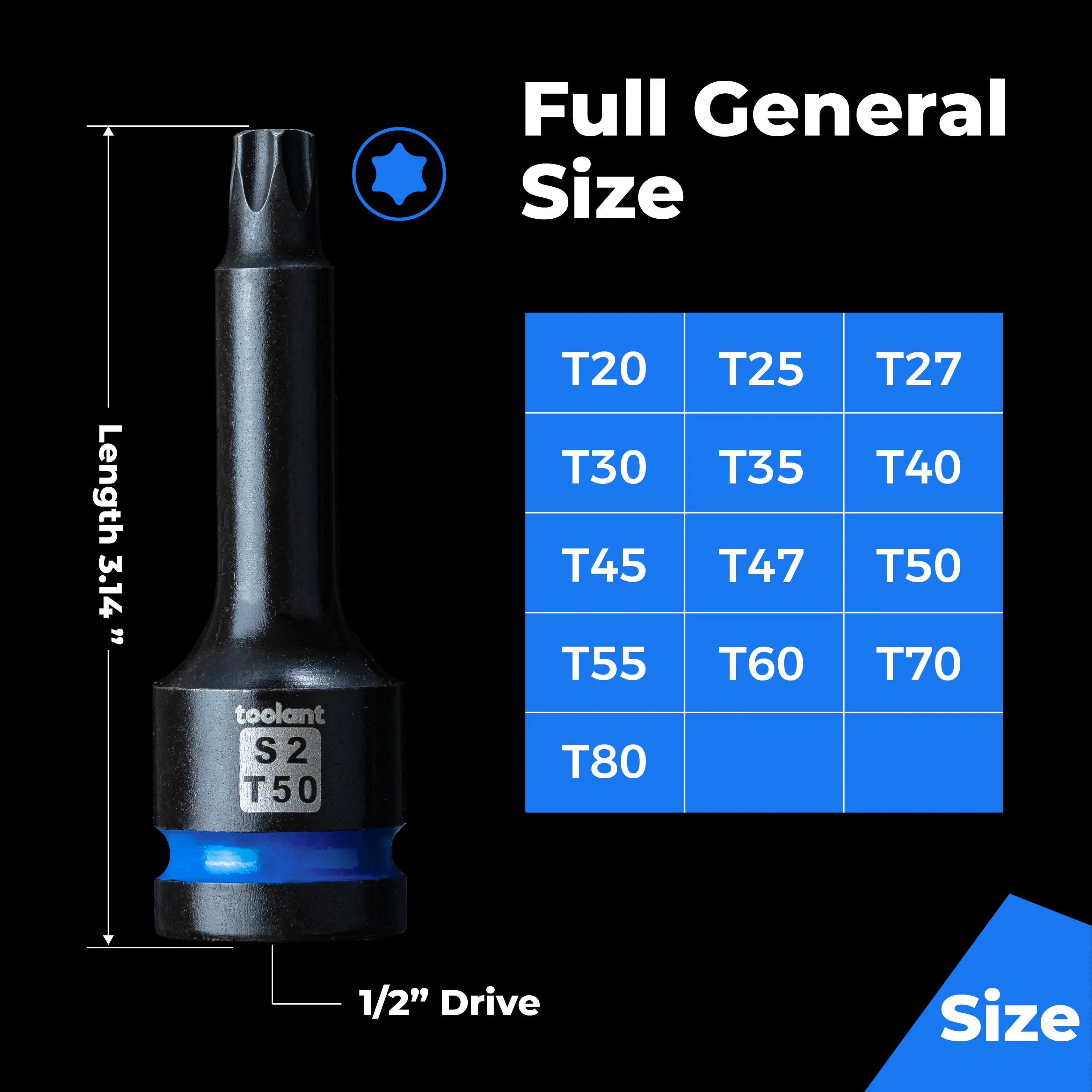 Torx Impact Bit Socket Set, made with 1/2" S2 Steel, for Professional Mechanic & Automotive Repair