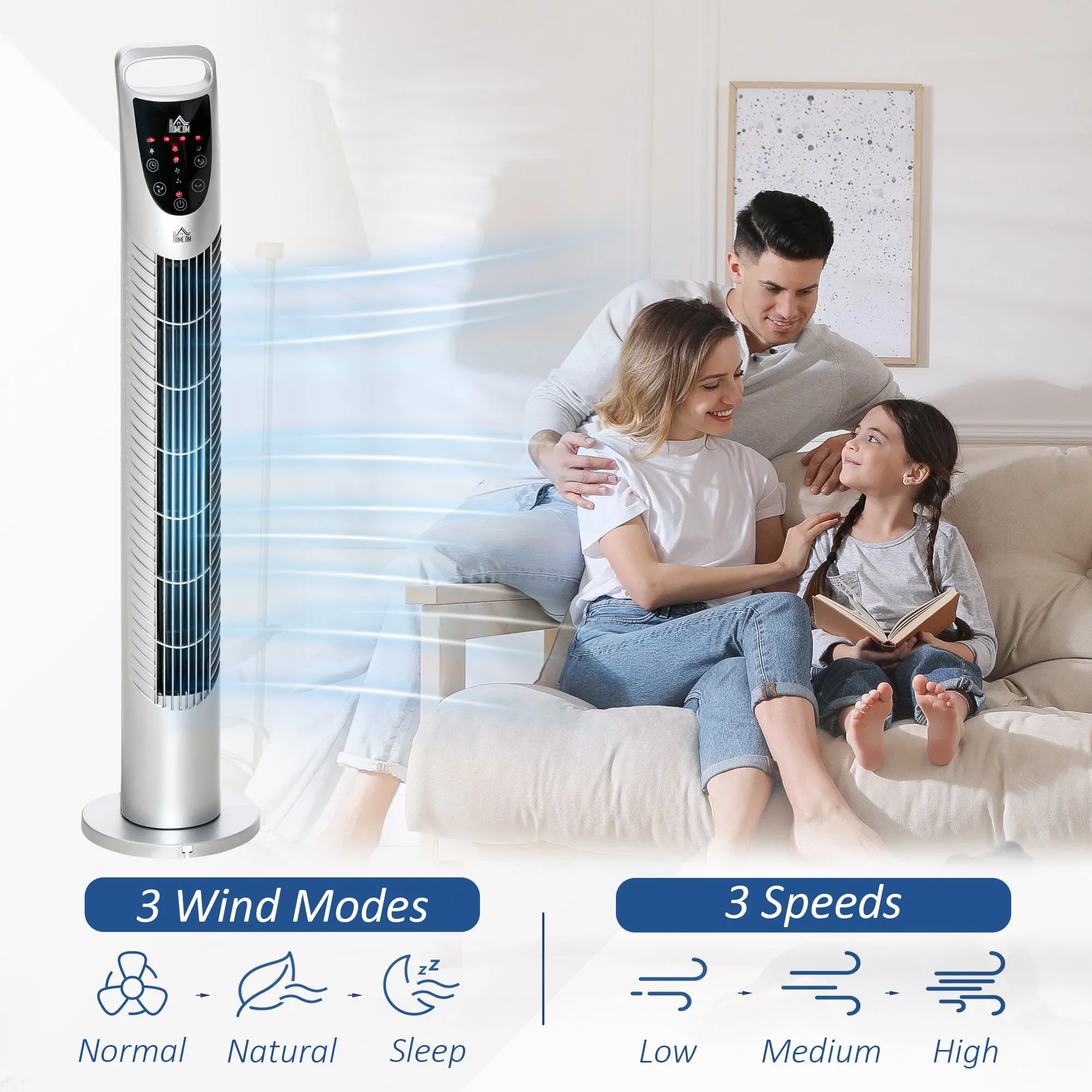 Tower Fan Oscillating 3 Speeds 3 Winds 40W w/ Remote Control Timer Moving Head Quiet Operation Home Office Bedroom Silver - 78.5H cm