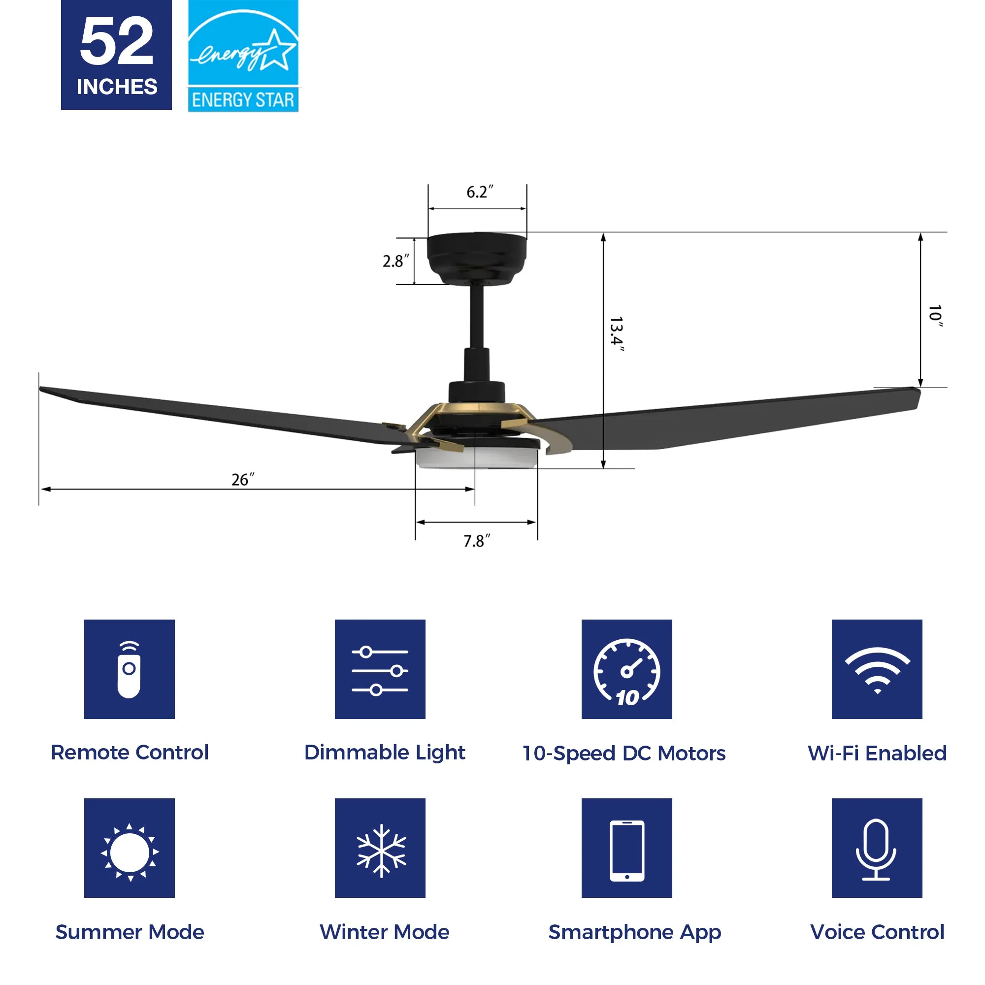 Trailblazer Outdoor Smart Ceiling Fan with LED Light and Remote 52 inch