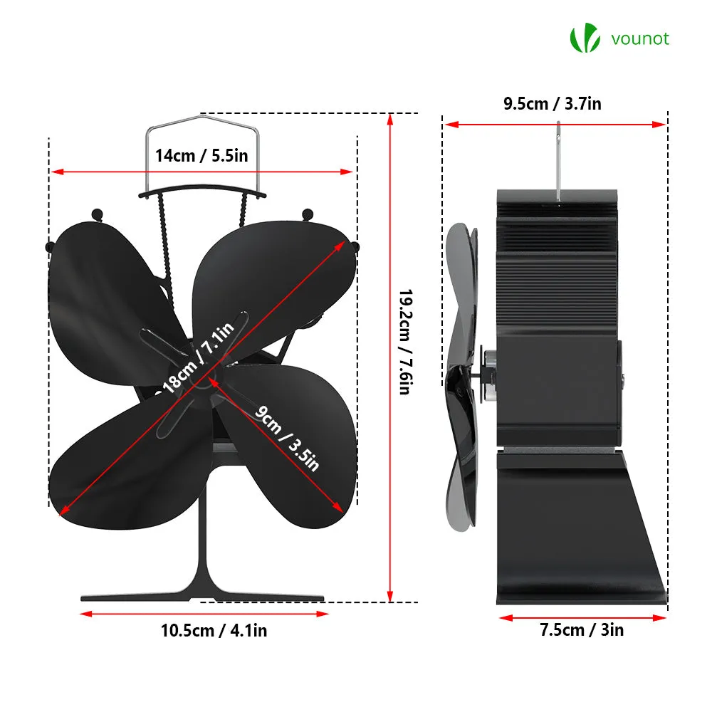 VOUNOT 4 Blade Log Burner Fan Stove Fan for Wood Burning, Eco Heat Powered Fireplace Fan