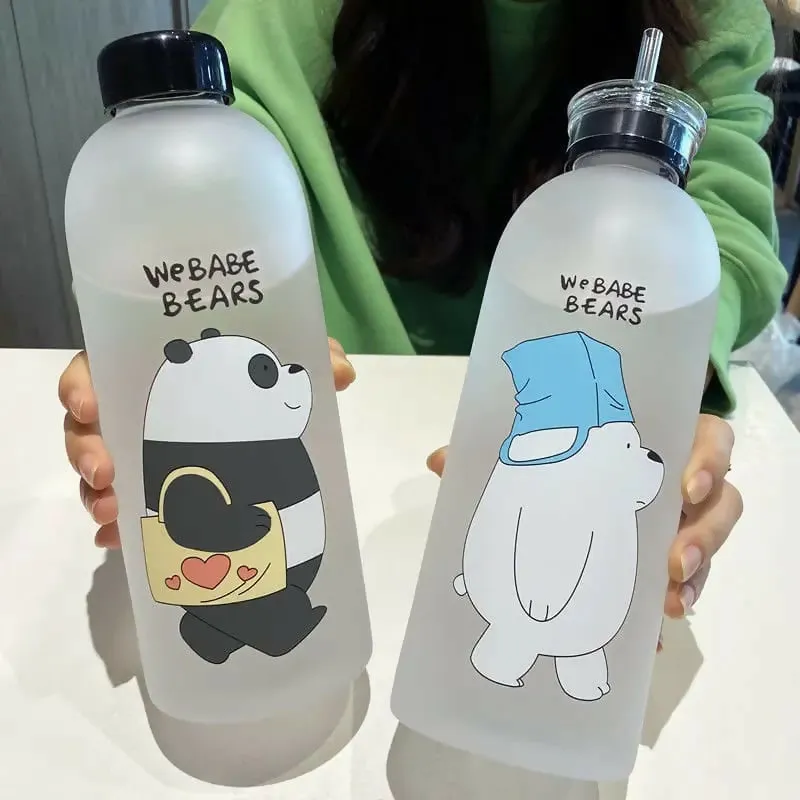 'We Bare Bears'Plastic Water Bottle with Straw(5462)-Black Bear