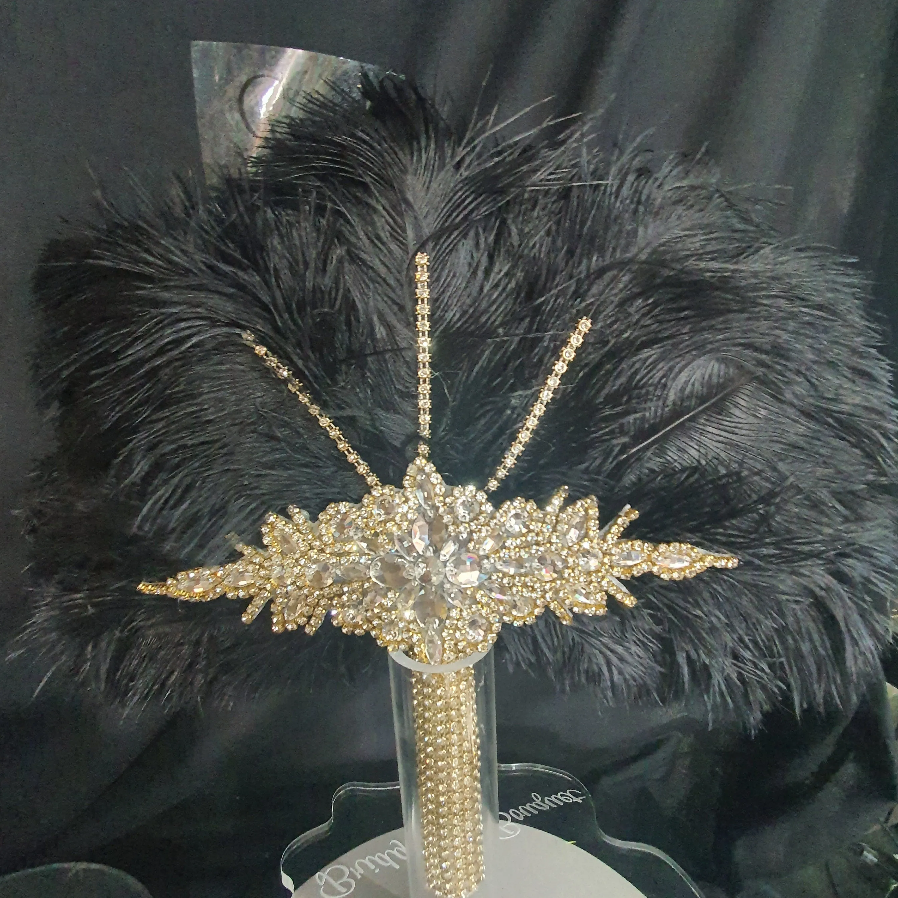 Wedding feather fan, brides black ostrich fan, wedding hand fan, Great Gatsby  any colour as custom made to order by Crystal Wedding UK