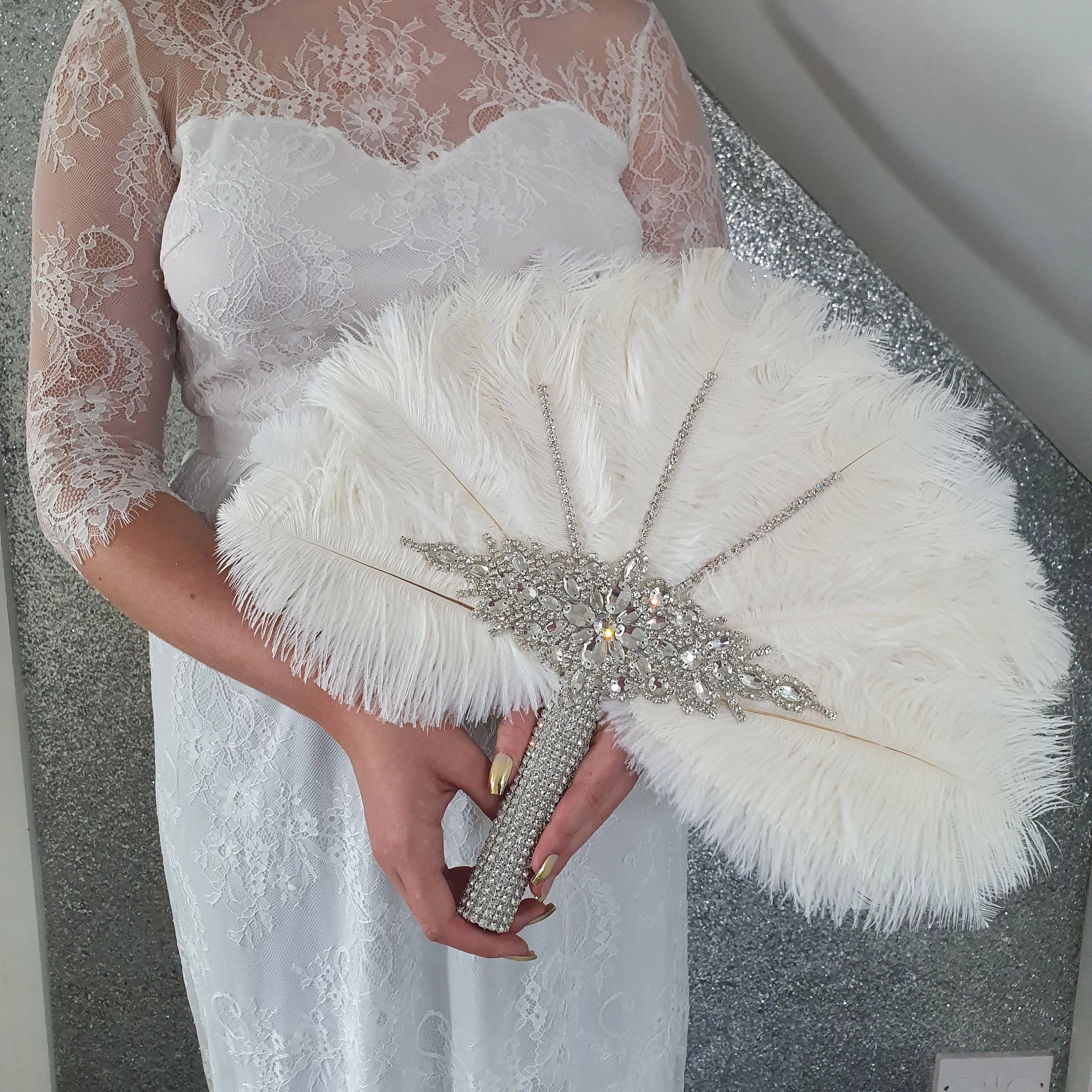 Wedding feather fan, brides black ostrich fan, wedding hand fan, Great Gatsby  any colour as custom made to order by Crystal Wedding UK