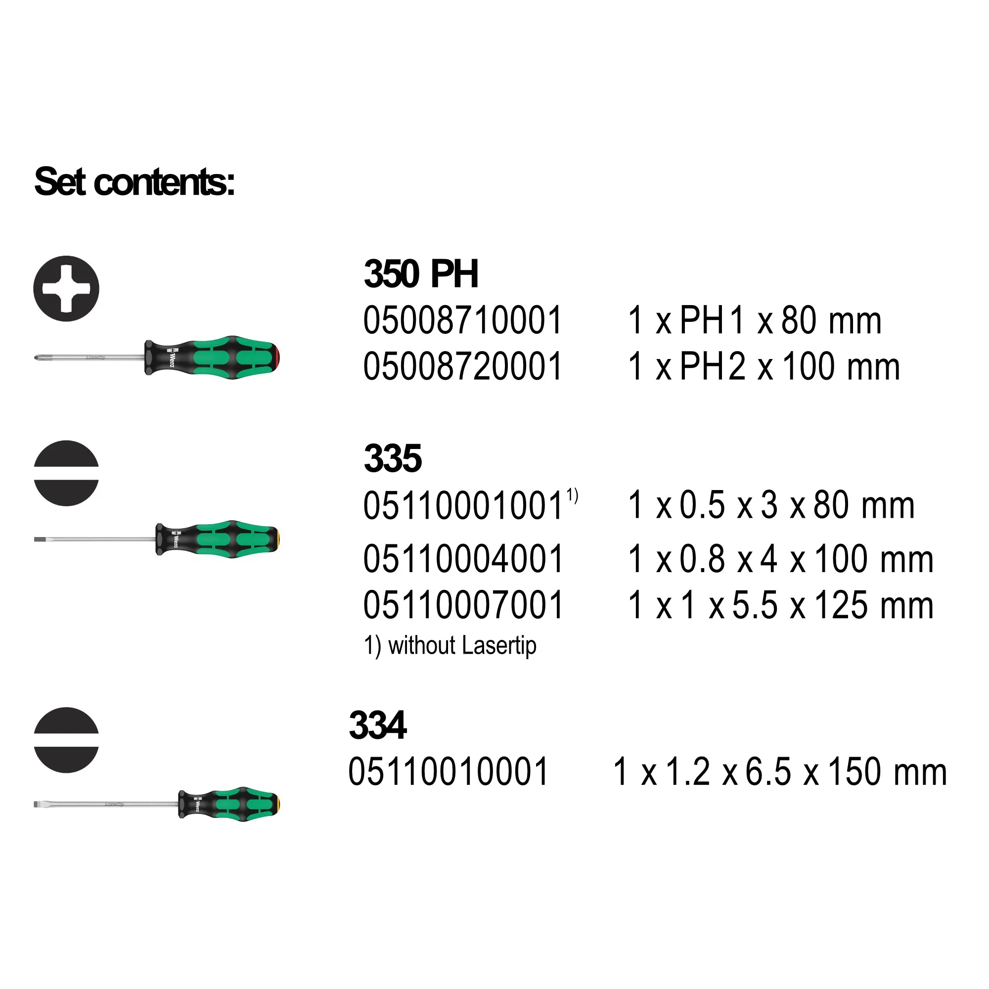 Wera Screwdriver Set 334/6 Kraftform Plus Lasertip with Rack, 6 Pieces