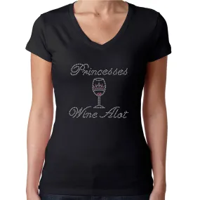 Womens T-Shirt Rhinestone Bling Black Fitted Tee Princesses Wine Lot Glass Pink